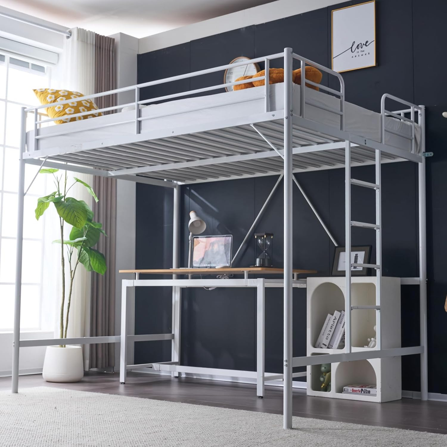 Heavy Duty Metal Loft Bed Frame Full Size Sturdy Space Saving Loft Bed White