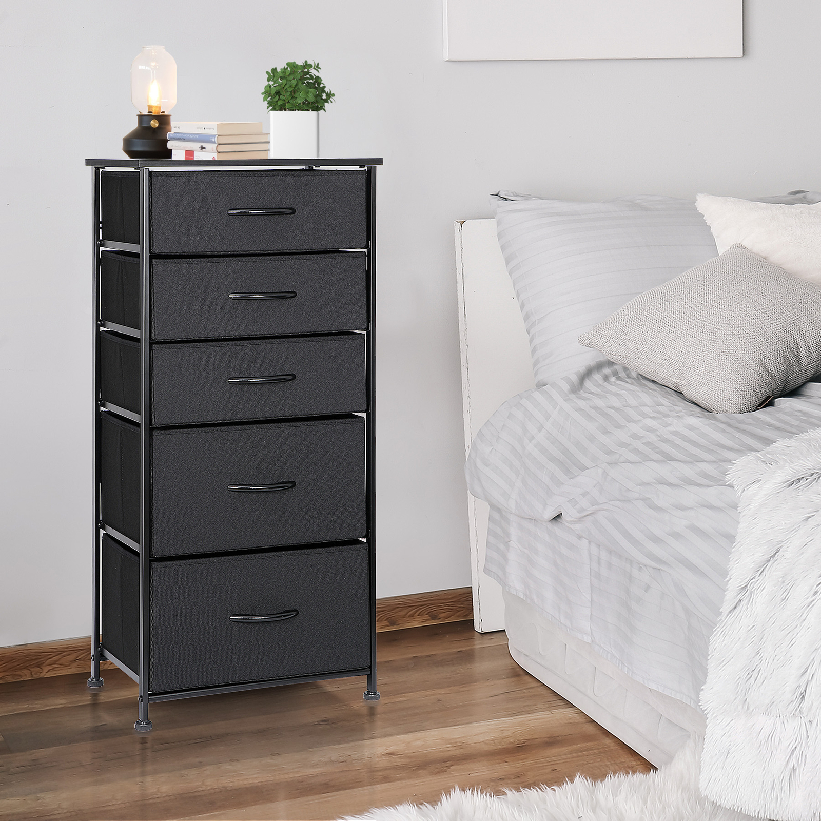 Fabric Dresser Storage with 5 Drawers Sturdy Metal Frame, Wood Top for Bedroom