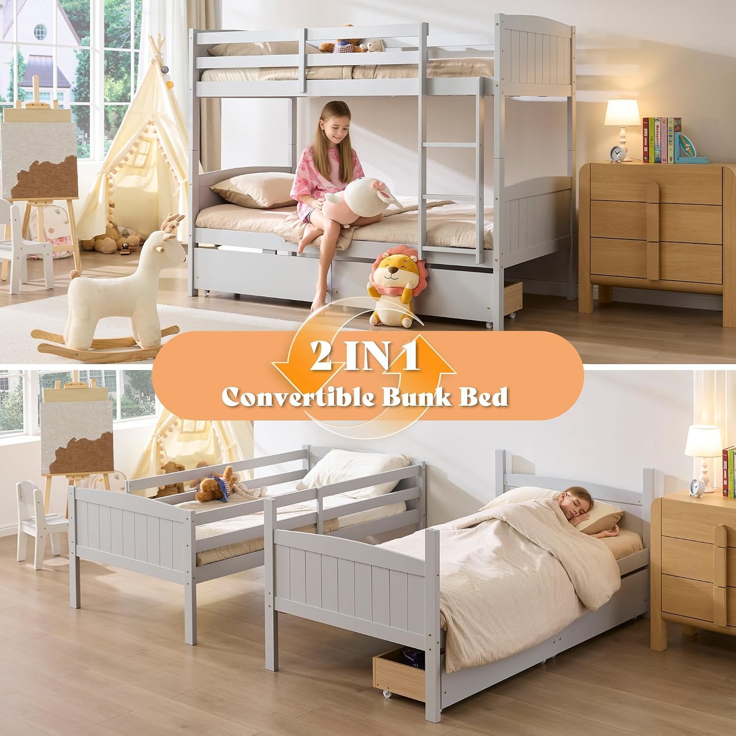 Bunk Bed Twin Over Twin W/ Storage Drawers Solid Wood 2-in-1 Convertible Loft