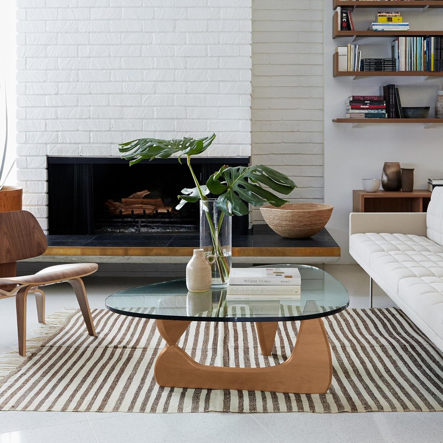 Classic Noguchi Style Coffee Table with Clear Triangle Glass Solid Wood Base