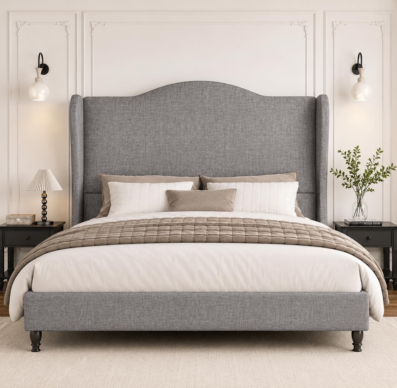 Queen Size Bed Frame with 50.4″ Tall Wingback Headboard, Upholstered Platform…