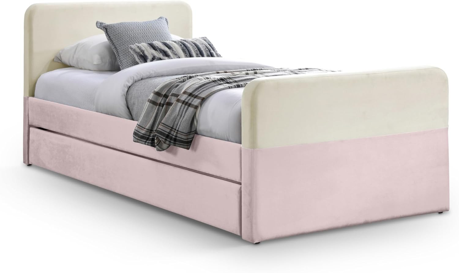 Ivypink-T Modern Twin Trundle Bed in Soft Pink & Cream Velvet, 41.5″W