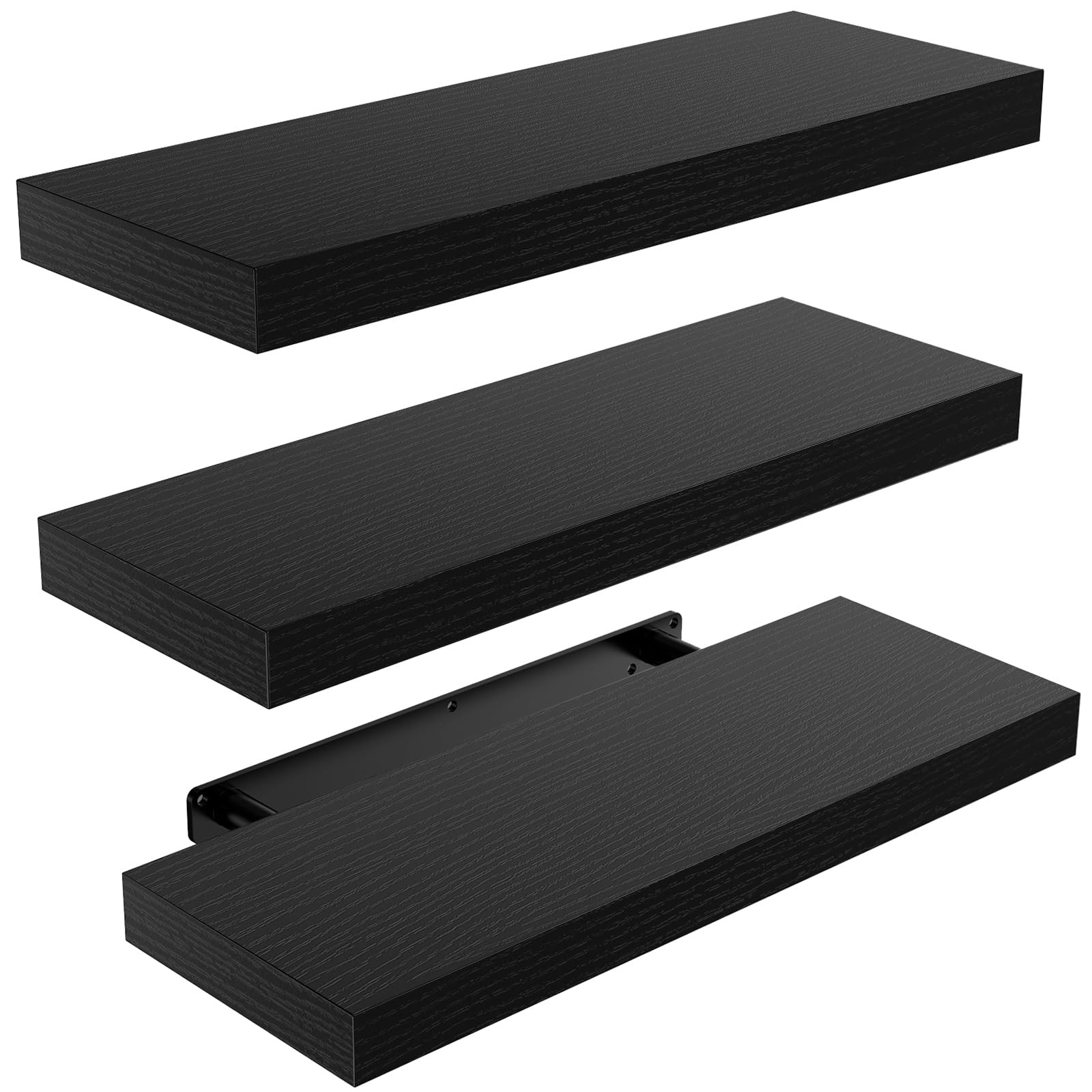 Floating Wall Shelves Black with Invisible Brackets Set of 3 AMFS07