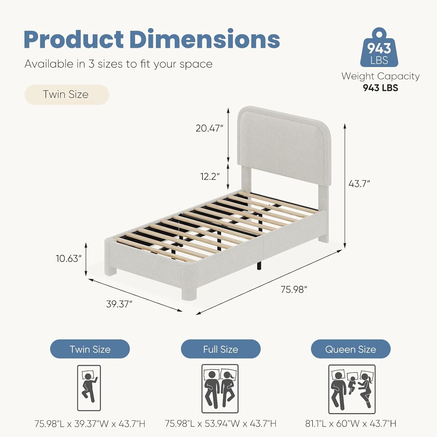 Cloud Bed Frame with Adjustable Headboard Luxurious Teddy Boucle Platform Bed