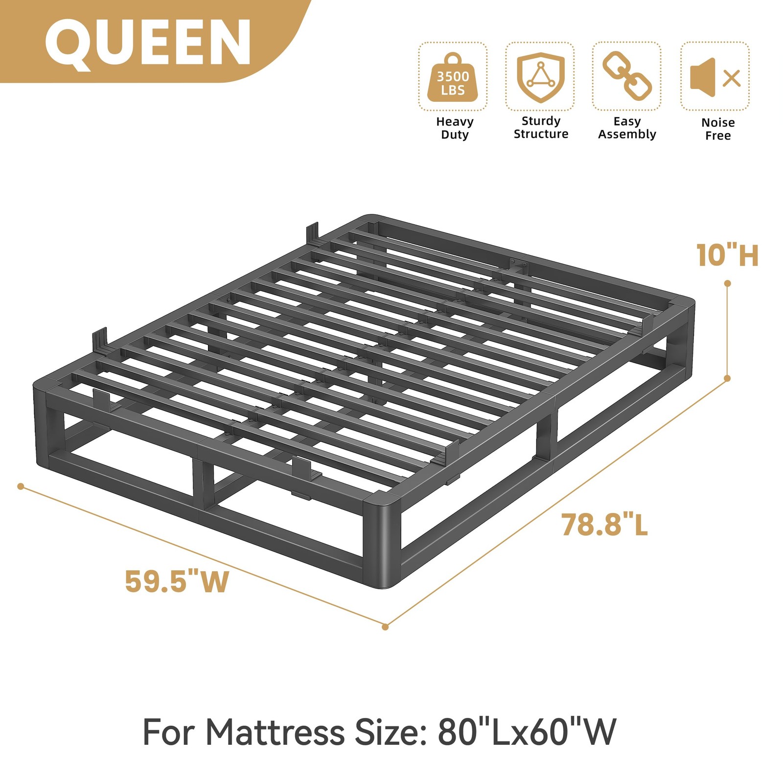 10 Inch Queen Bed Frame with Rounded Corner and Squeak Free U-Slot Design, Me…