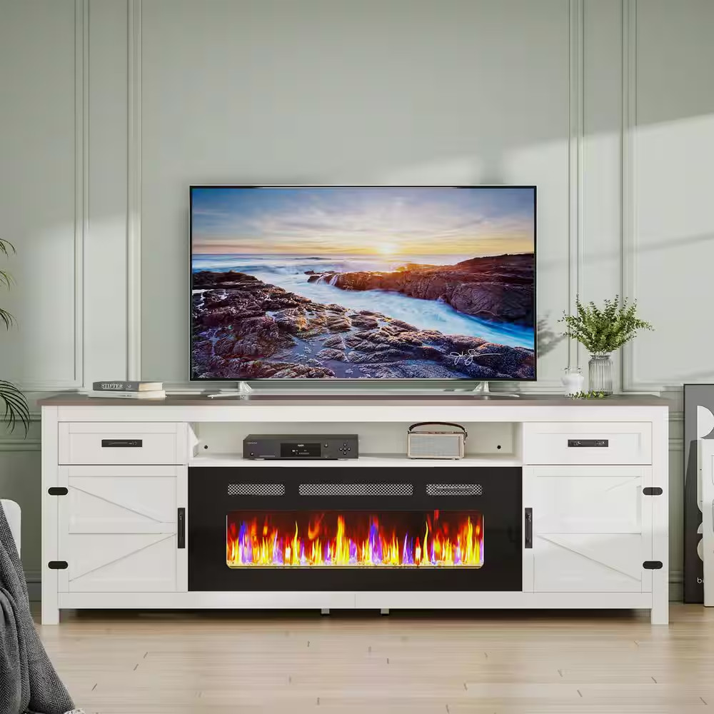 70 In. Freestanding Engineered Wood Electric Fireplace TV Stand in White