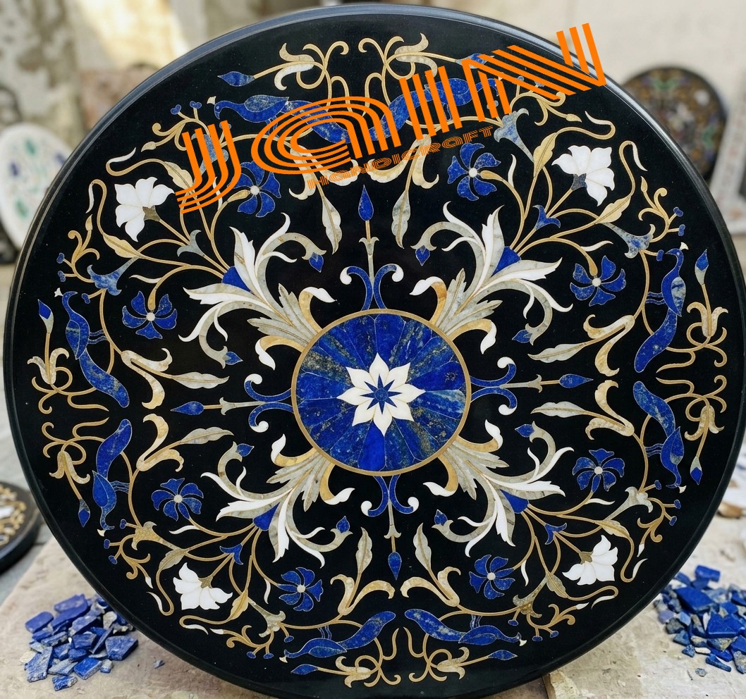 24” Black Marble Dining Coffee Table Top Inlay Blue Lapis peacock decor