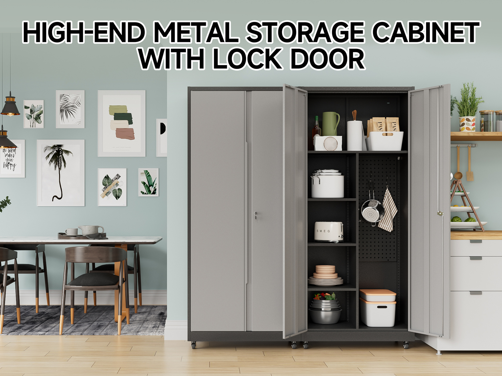 Metal Garage Cabinet, Broom Closet Storage Cabinet with Adjustable Shelves