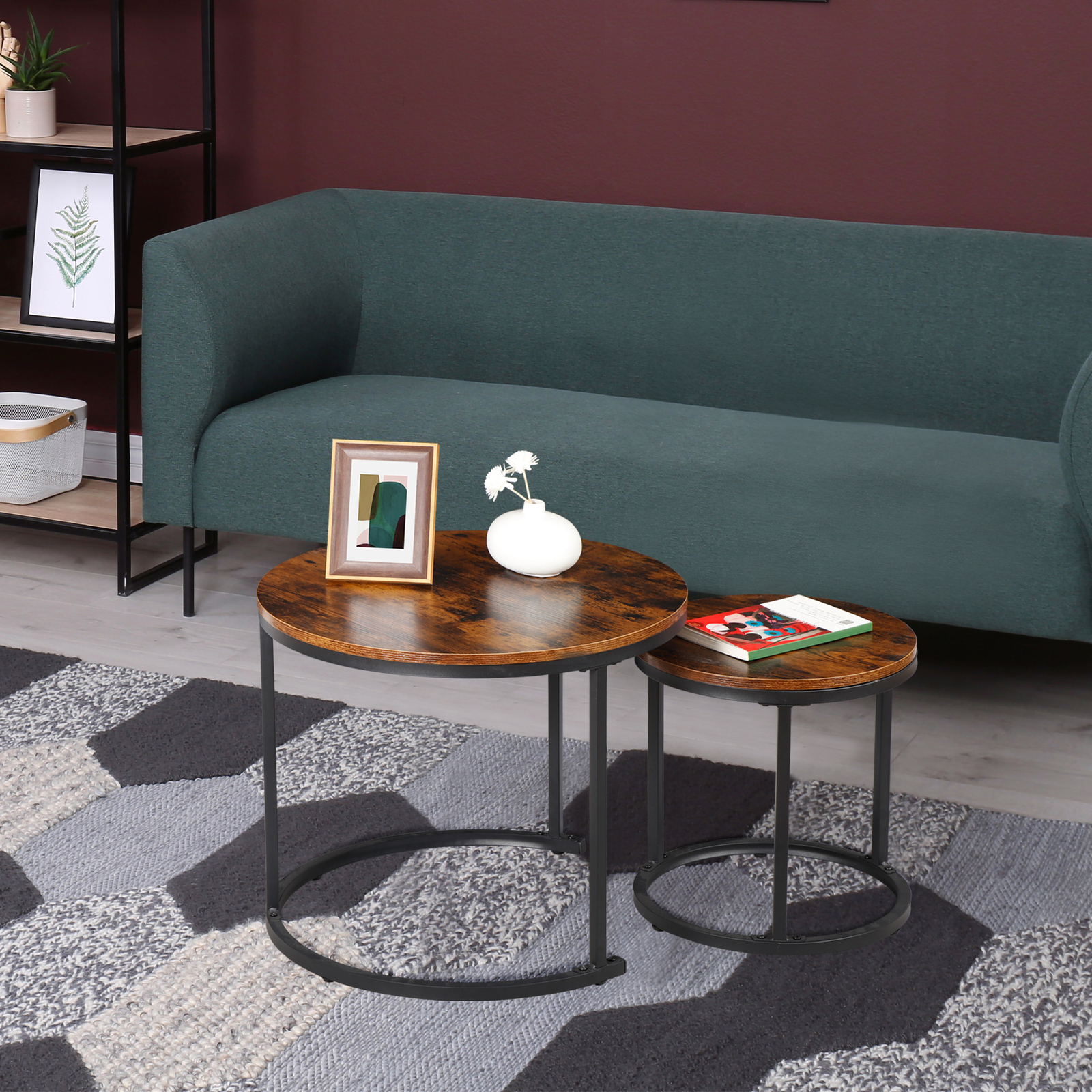 Set of 2 Nesting Coffee Table Round Side Table Industrial Style Home Office