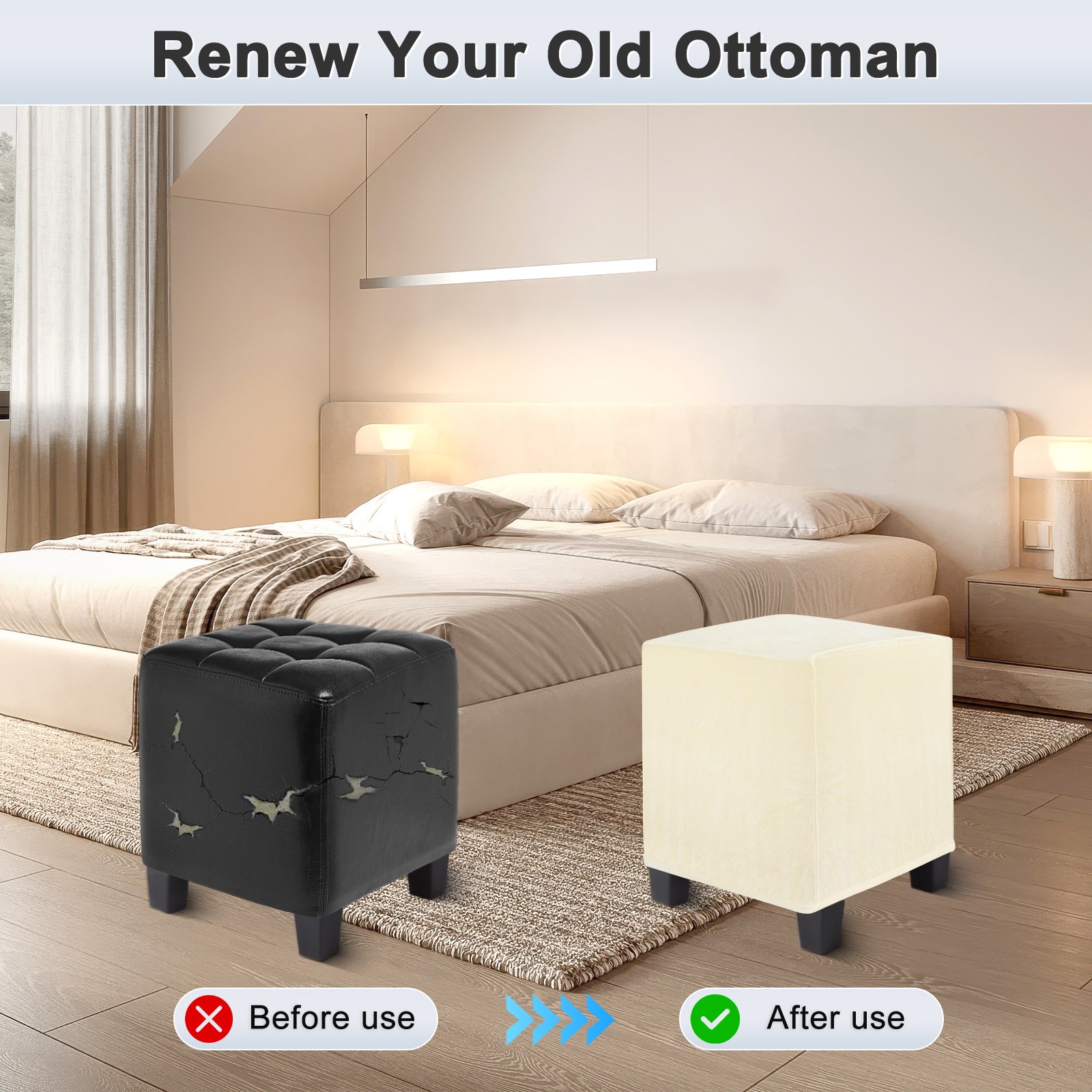 1-Pack 13″x13″x15″ Stretch Square Ottoman covers Footstool Protector Beige