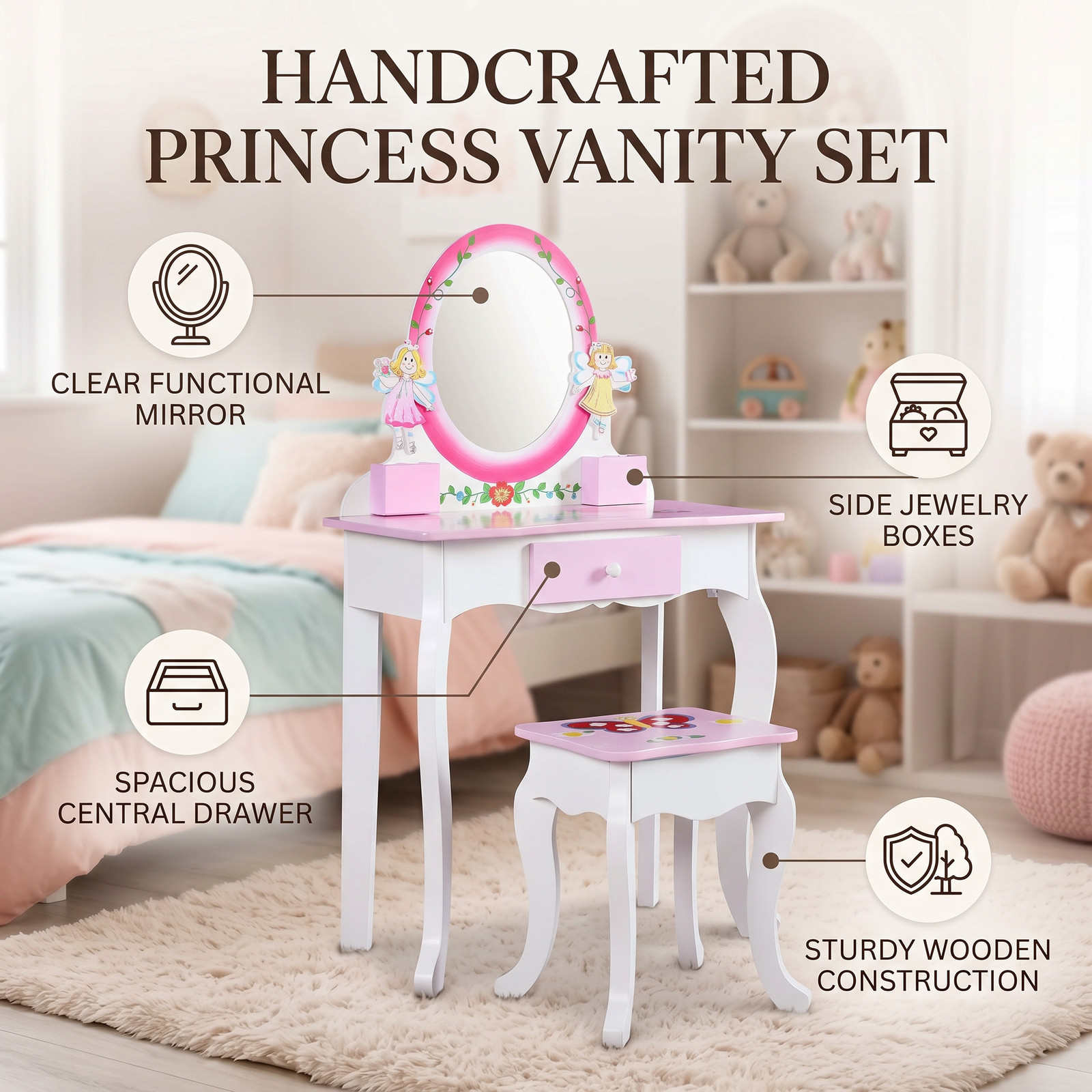 Kids Wooden Vanity Set Easy Assembly Step-by-Step Instructions Included