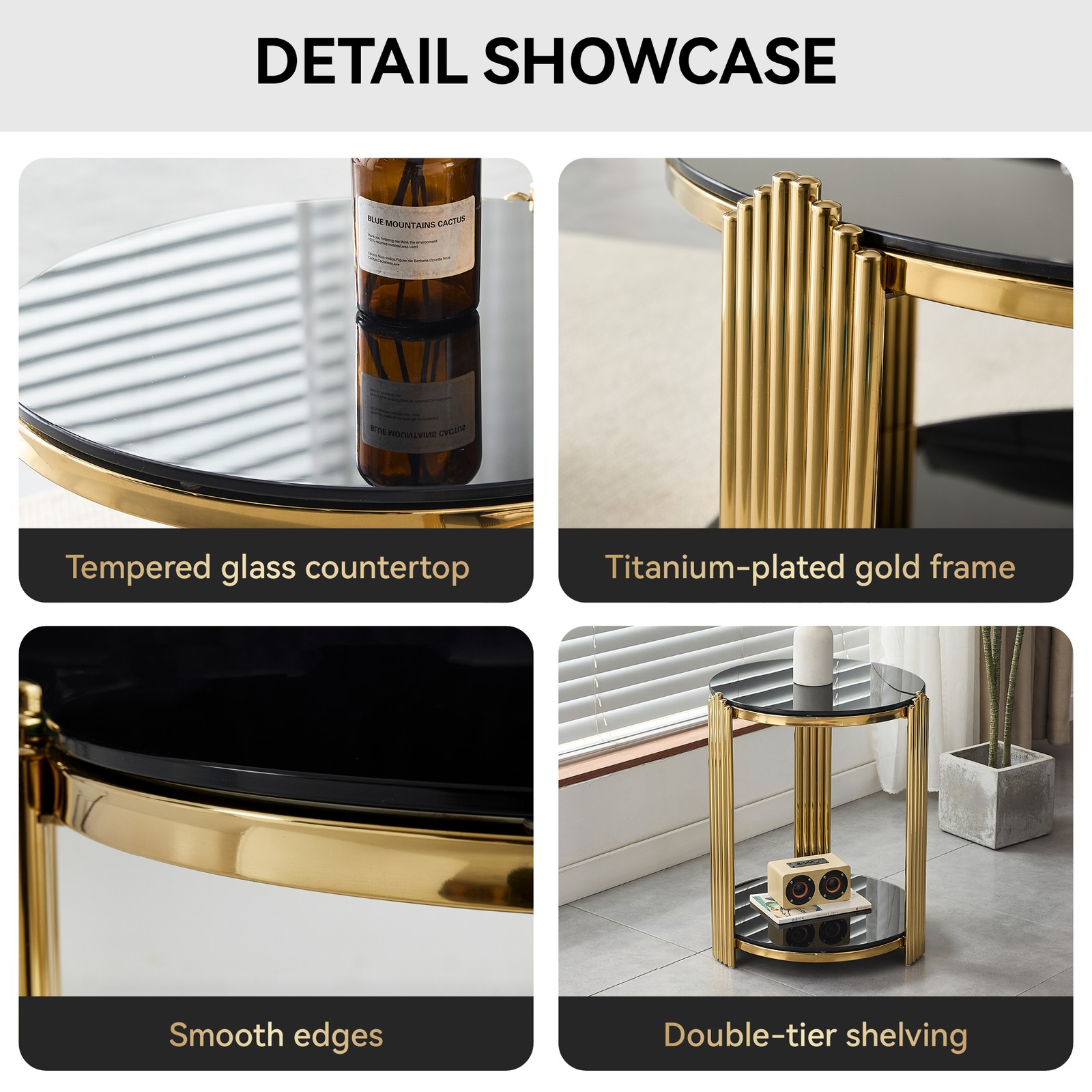 16.9in Round End SideTable Double-Layer Black Glass Gold Stainless Steel Frame