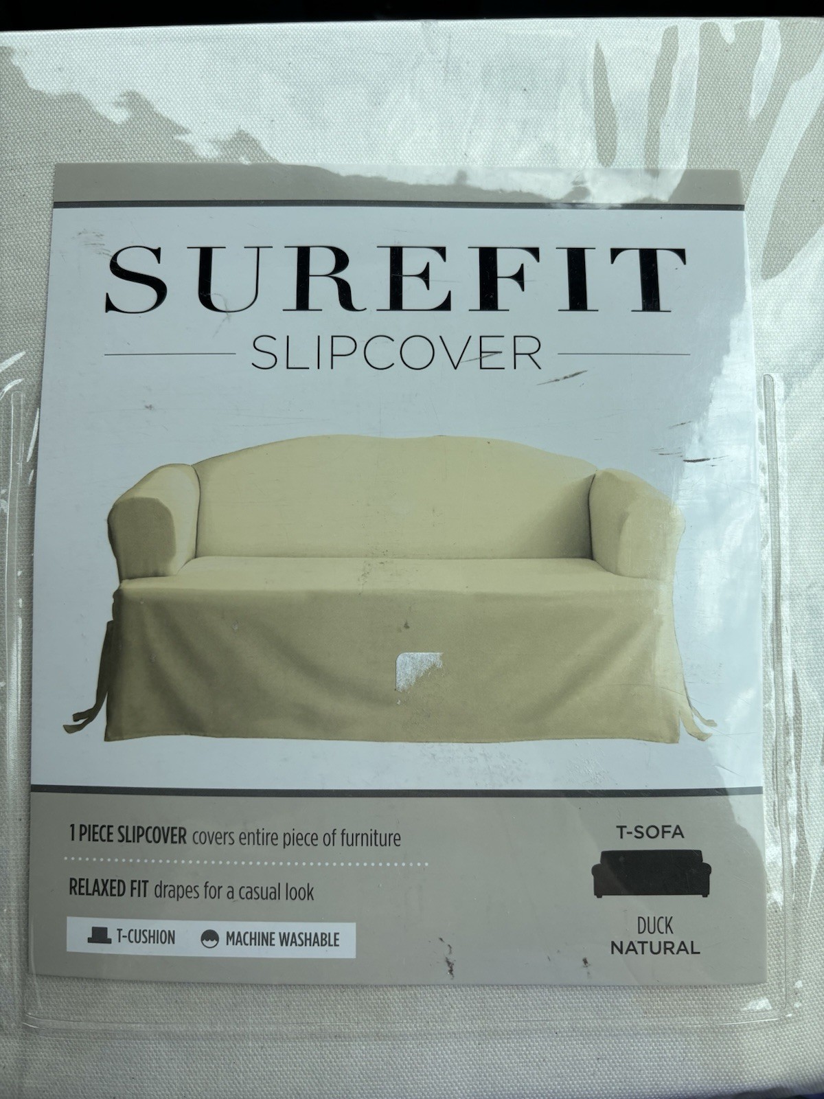 Surefit Home Décor Duck Ntrl Solid T-Cushion Sofa 1 Piece Slipcover Relaxed Fit