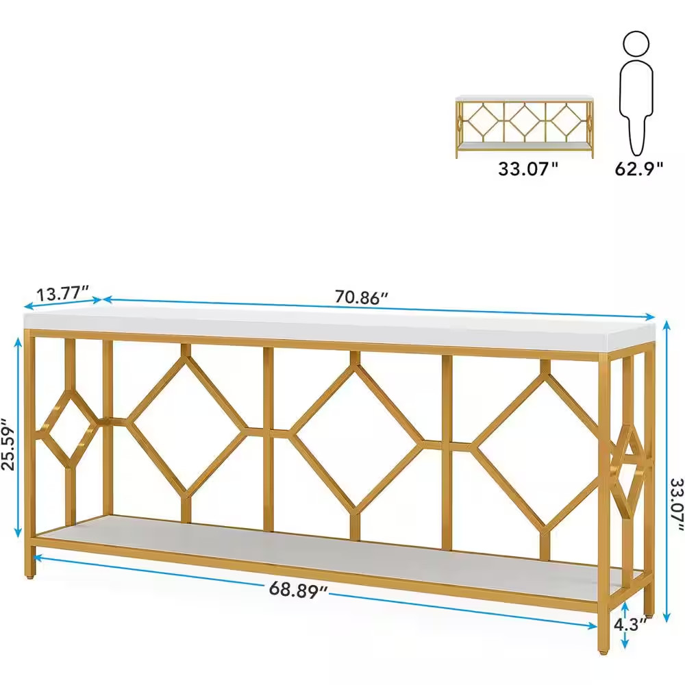 Turrella 70.9 In. Whiteandgold Extra Long Rectangle Wood Console Table behind Co