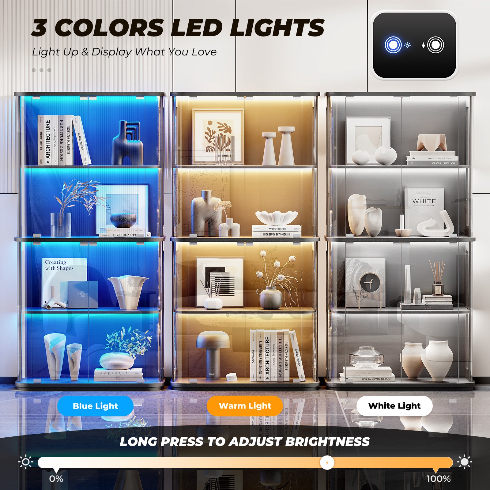 4-Tier Transparent Rounded Display Cabinet with Glass Door & 3 Color LED Lights
