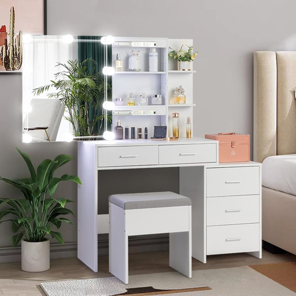 Makeup Vanity Table Stool Dressing Set with 10 Led Lighted Mirror & 5 Drawers
