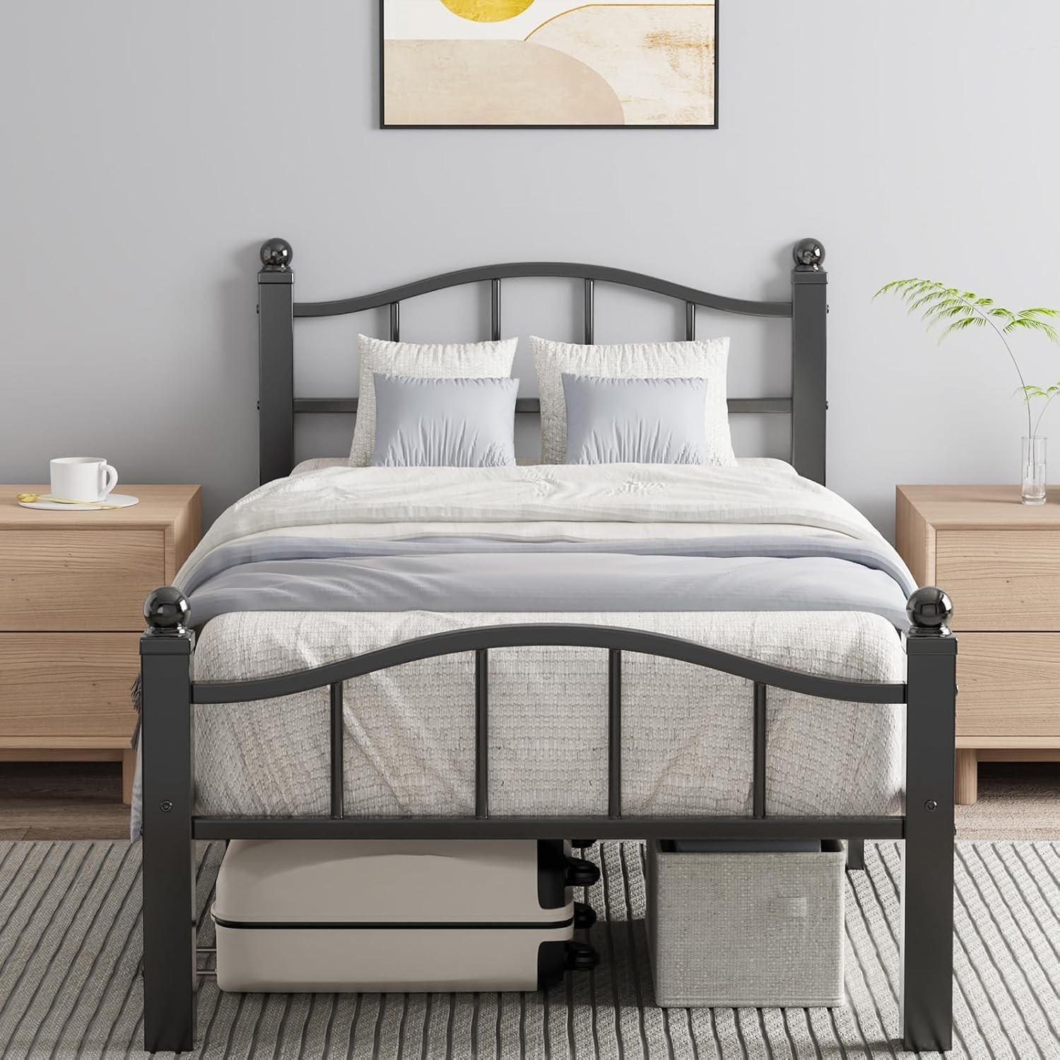 Twin XL Metal Bed Frame with Headboard, Storage, No Box Spring Needed