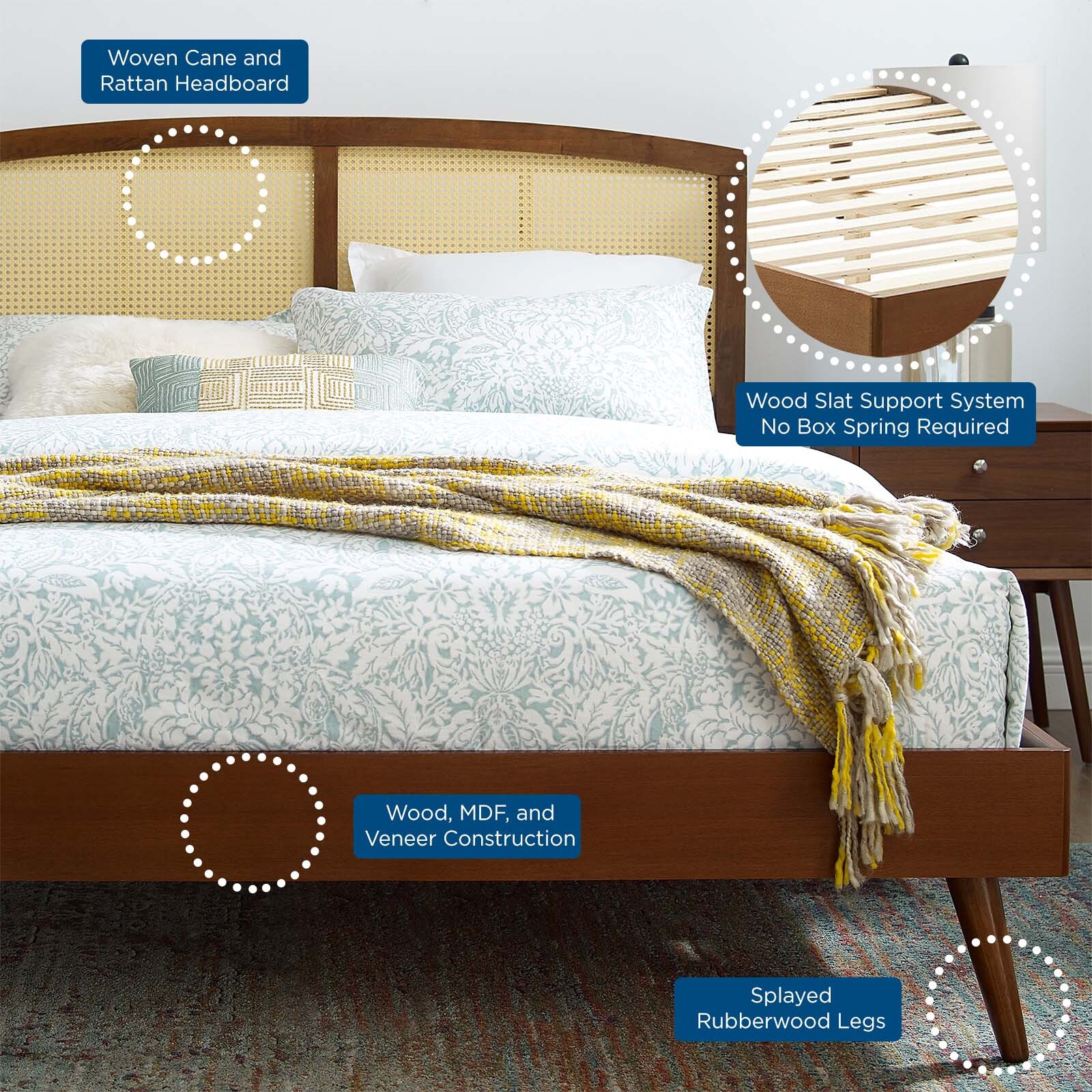 Modway Sierra Cane Rattan and Wood King Platform Bed in Walnut With Splayed Legs