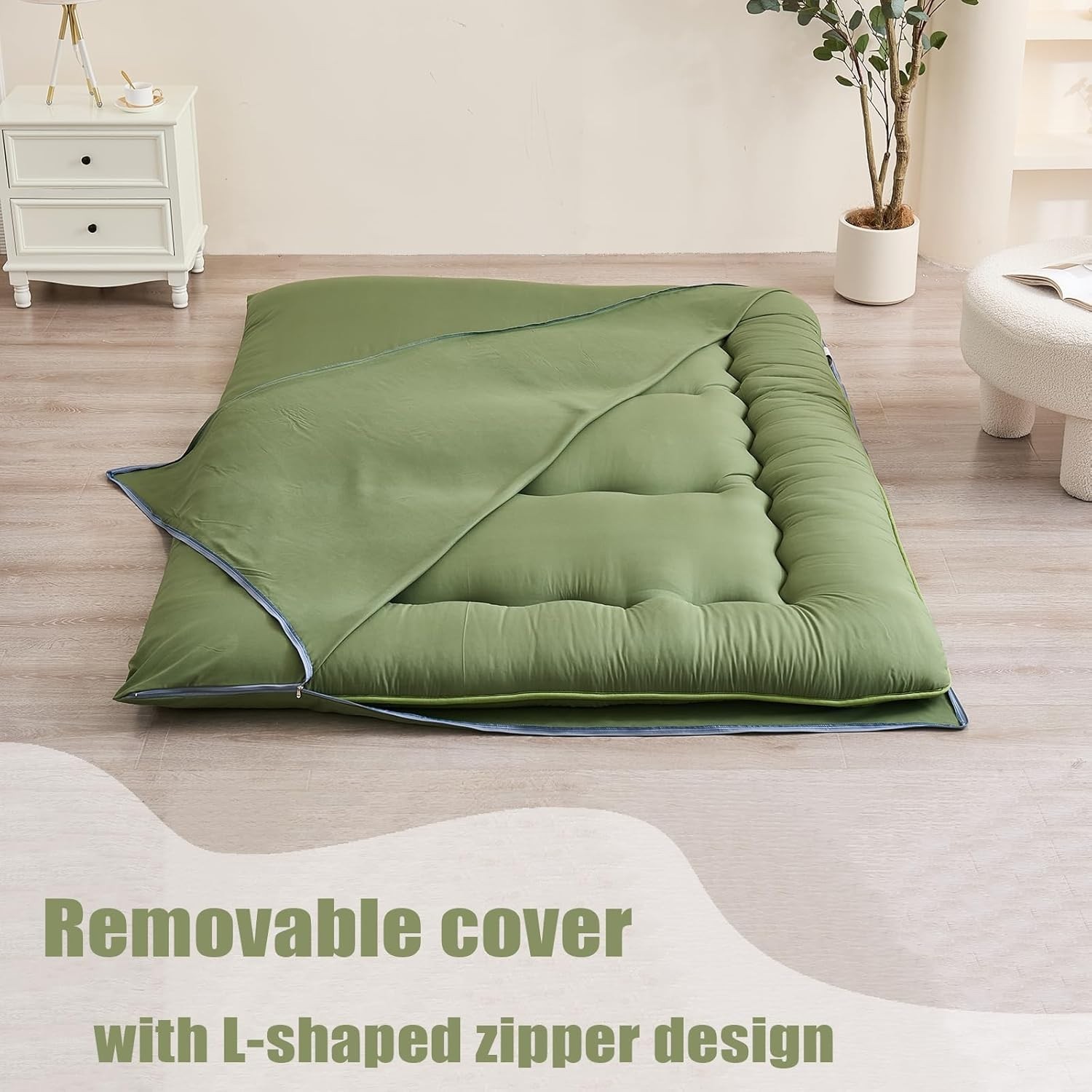 Portable Twin Japanese Futon Mattress – Memory Foam & Washable Cover, Green
