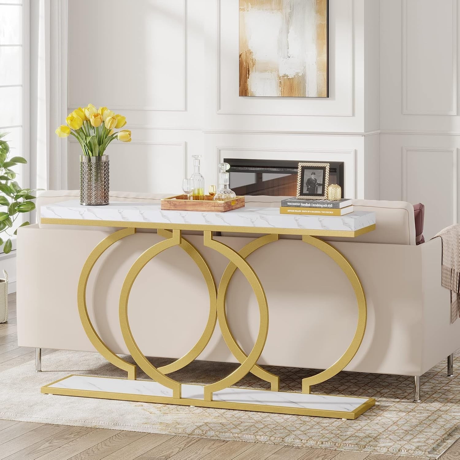 55″ Console Table, Narrow Entryway Sofa Table with Geometric Metal Frame