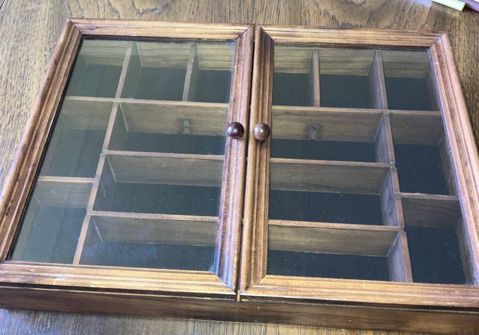 Vintage Felt Lined Wooden Curio Cabinet Display Case Glass Doors Wall Mount