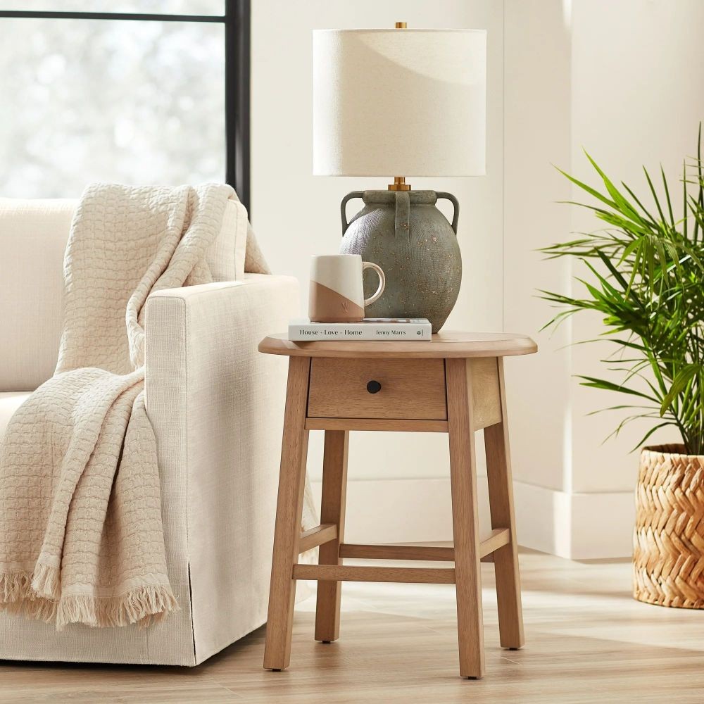 Side Table with Brass Handles Natural Wood Finish Mid-Century Modern Style