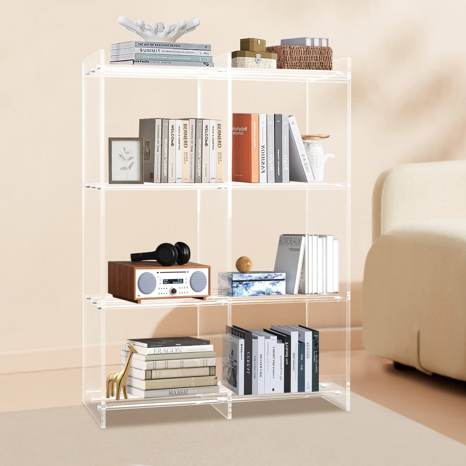 Clear 3-Tier Acrylic Magazine Organizer Bilateral 6-Compartment 53 × 30 × 90 cm