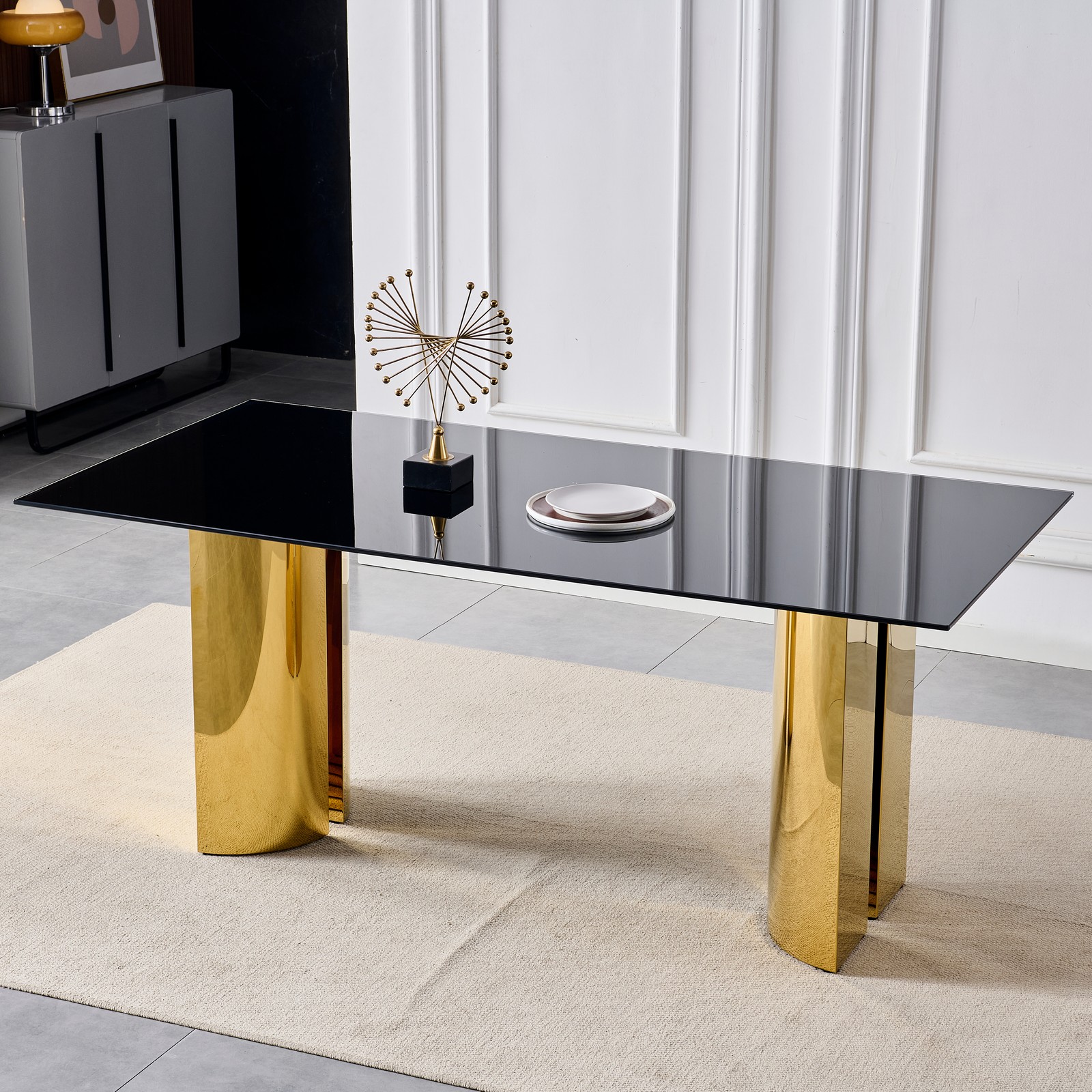 70″ Rectangular Dining Table Black Tempered Glass Gold Stainless Steel Legs