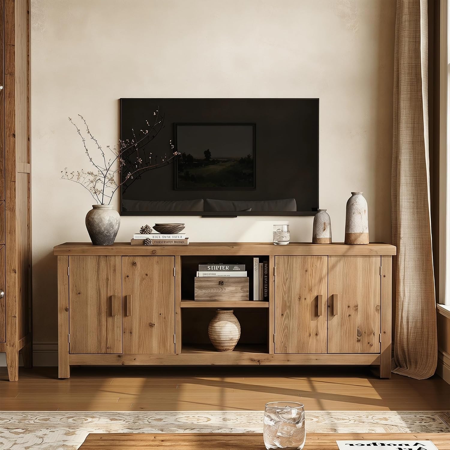 63” Rustic Solid Wood TV Stand with 2 Storage Cabinets for TVs up to 70 Inches