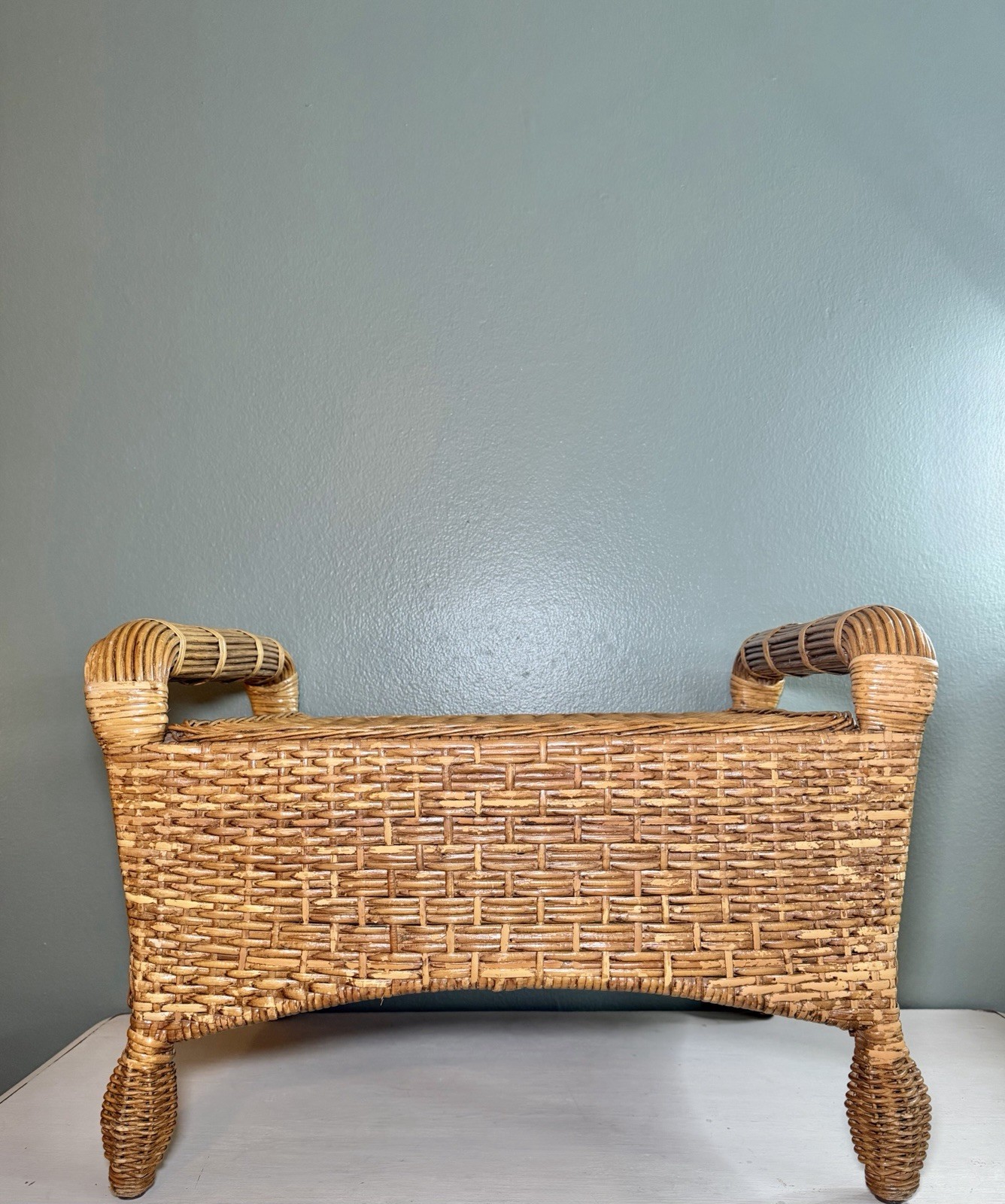Vintage Rattan Wicker Ottoman Footstool Bench Boho Coastal Decor Stool