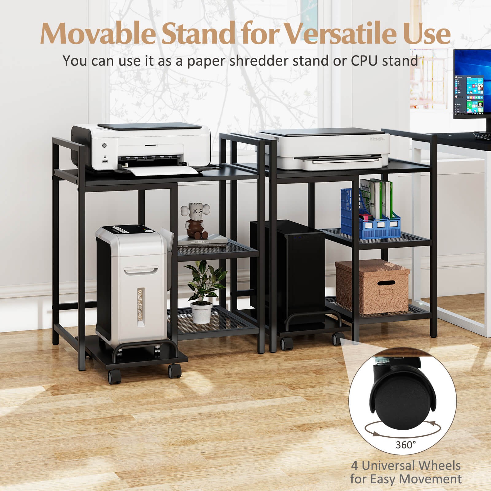 25” x 16” 3-Tier Printer Table with Storage Shelves, Wheels for Home Office
