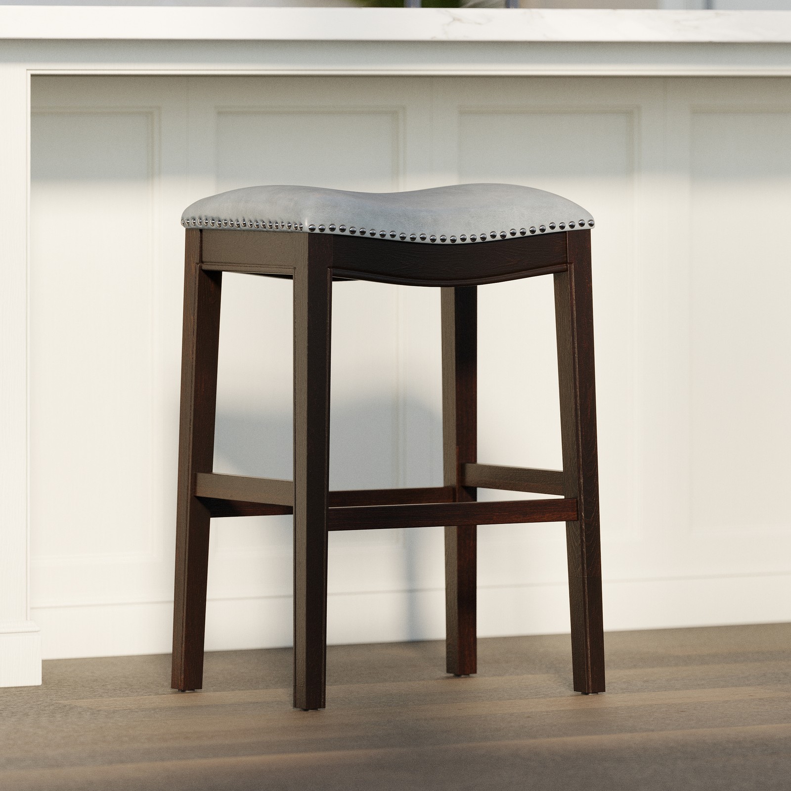 Julian 31in. H Bar-Height Wood Barstool with Gray Faux-Leather Seat