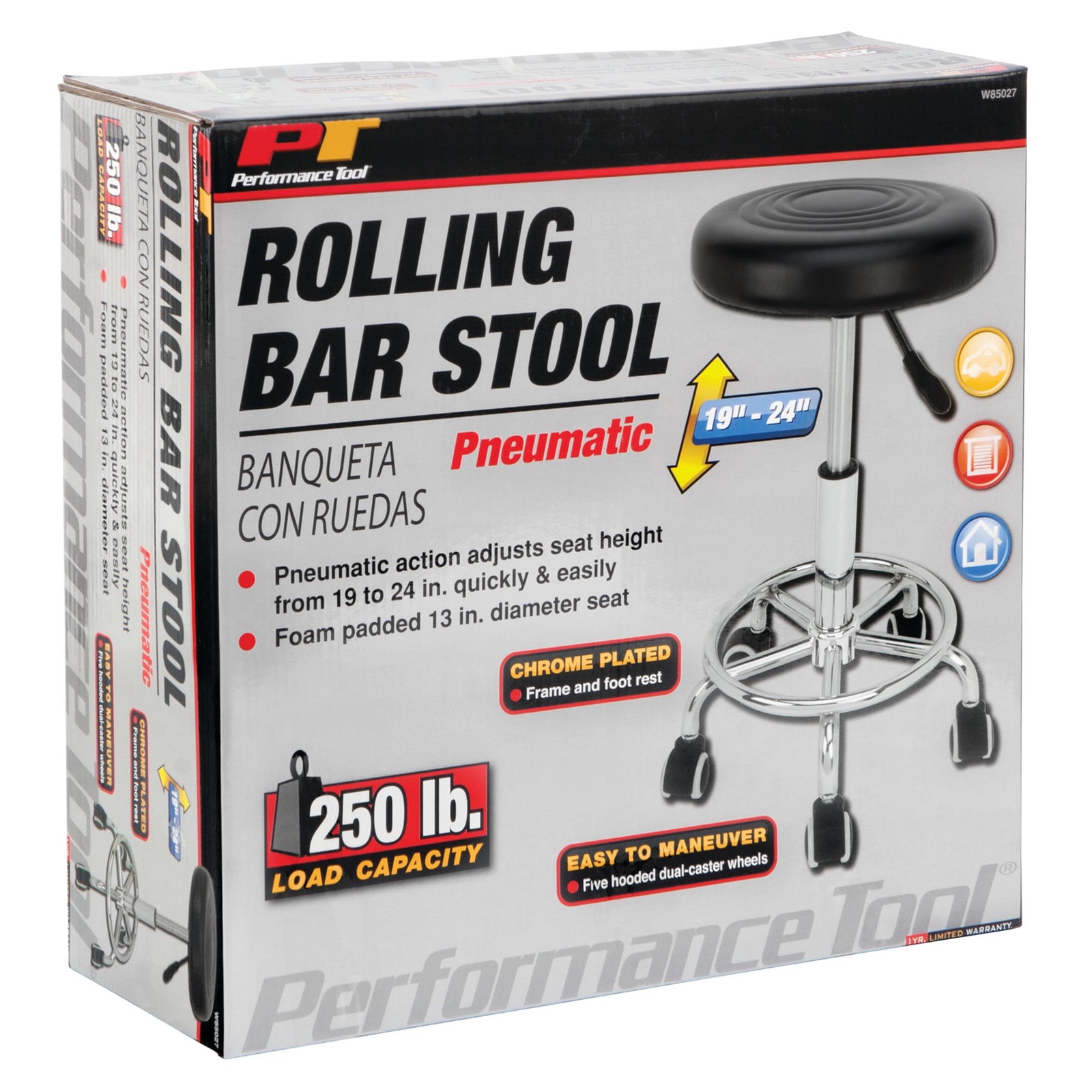 Performance Tool Pneumatic Bar Stool 19-24″, 250lb Rolling Black-NEW