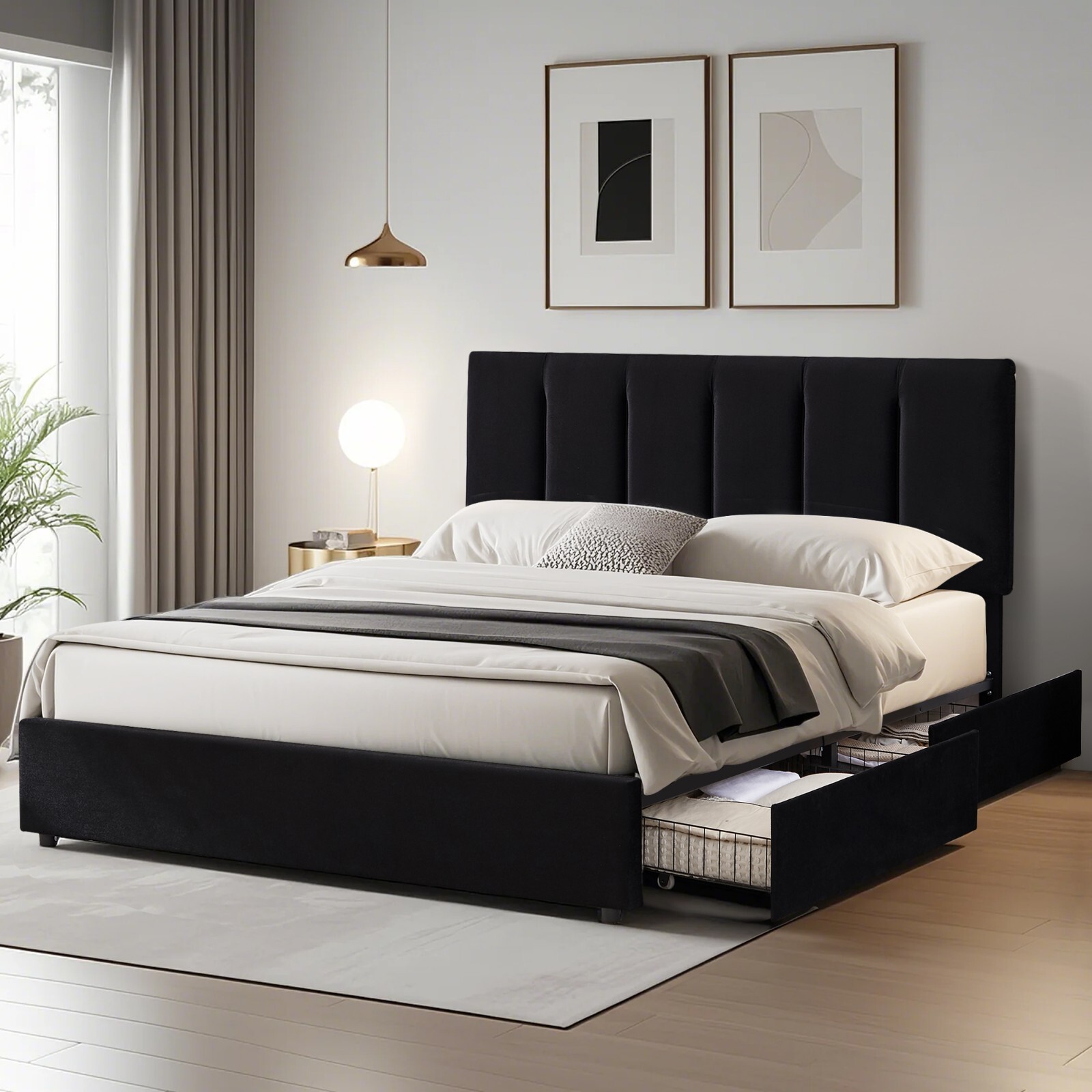 VECELO Twin Full Queen Bed Frame Platform with Upholstered Headboard Wooden Slat