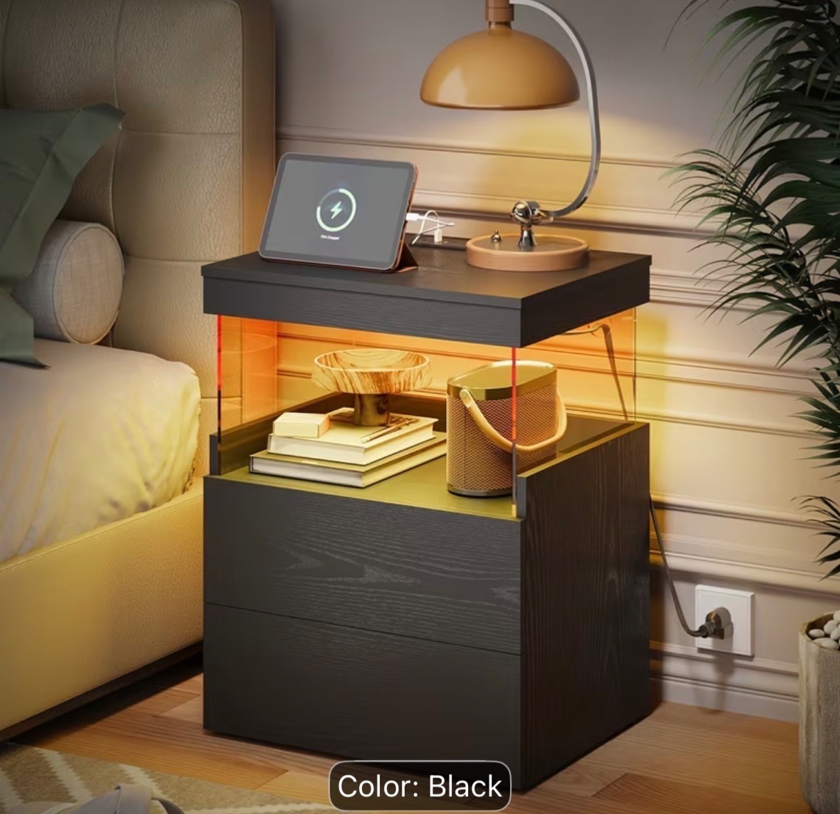 Drawer Storage Cabinet with Charging Station, 2 Wooden Drawers, Floating Desktop