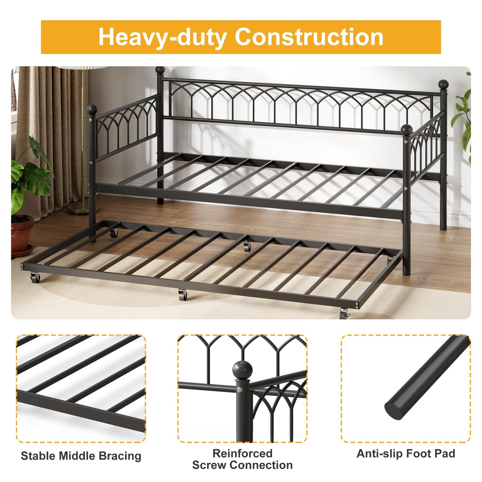 Twin Size Daybed Sofa Bed Frame with Metal Steel Slat Support Space Saving