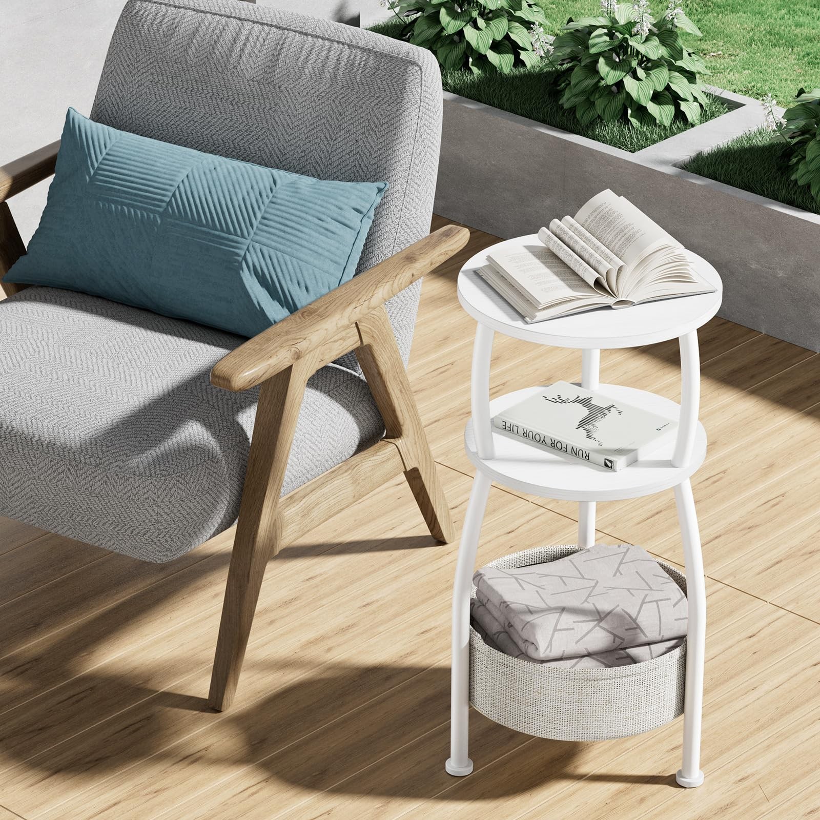 Matte White Small Round Side End Table Storage Basket 3Tier 24 Inch Tall