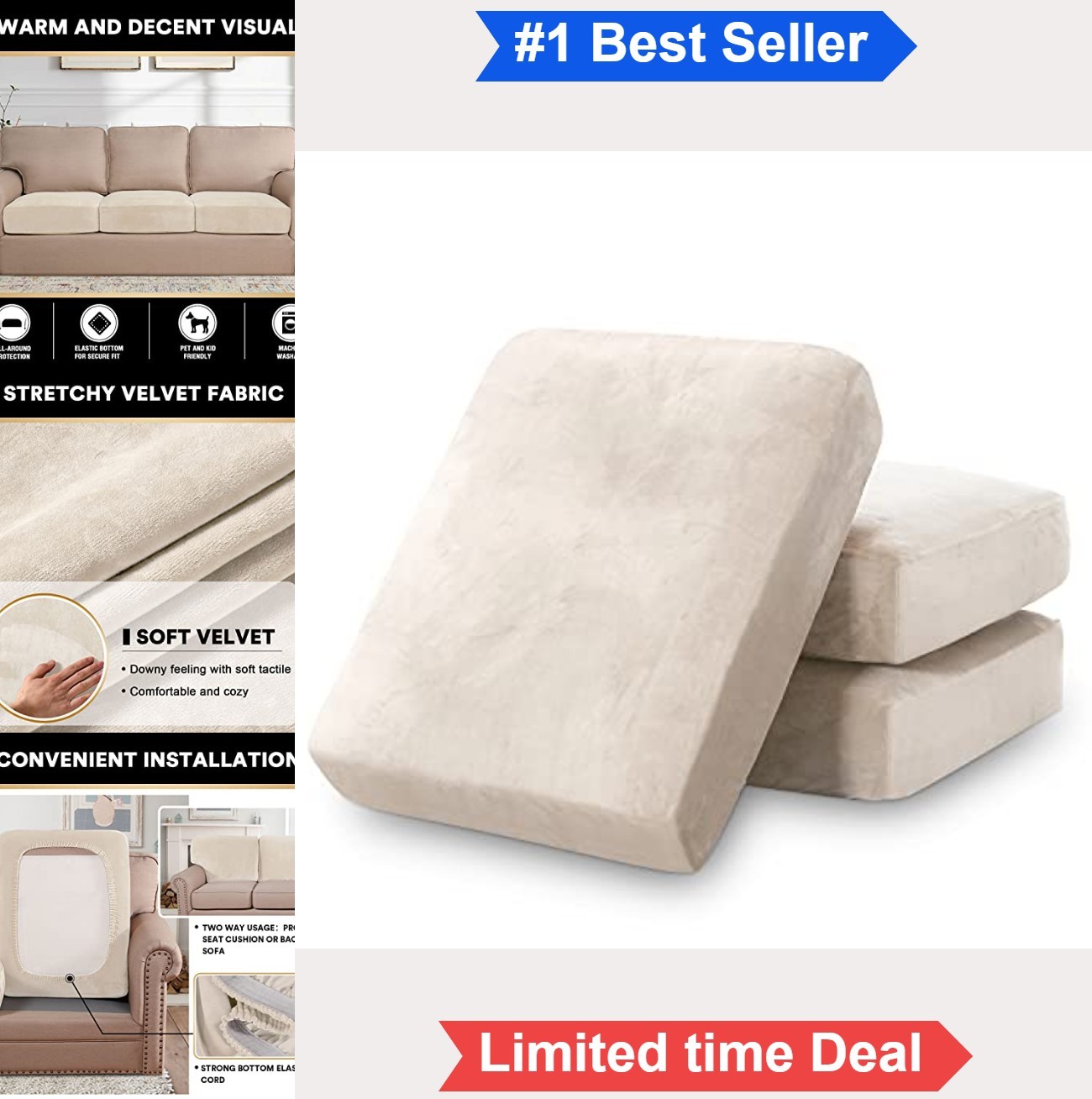 Stretch Velvet Couch Cushion Covers 3 Pack Ivory 19.6-29.5 Inch Washable For