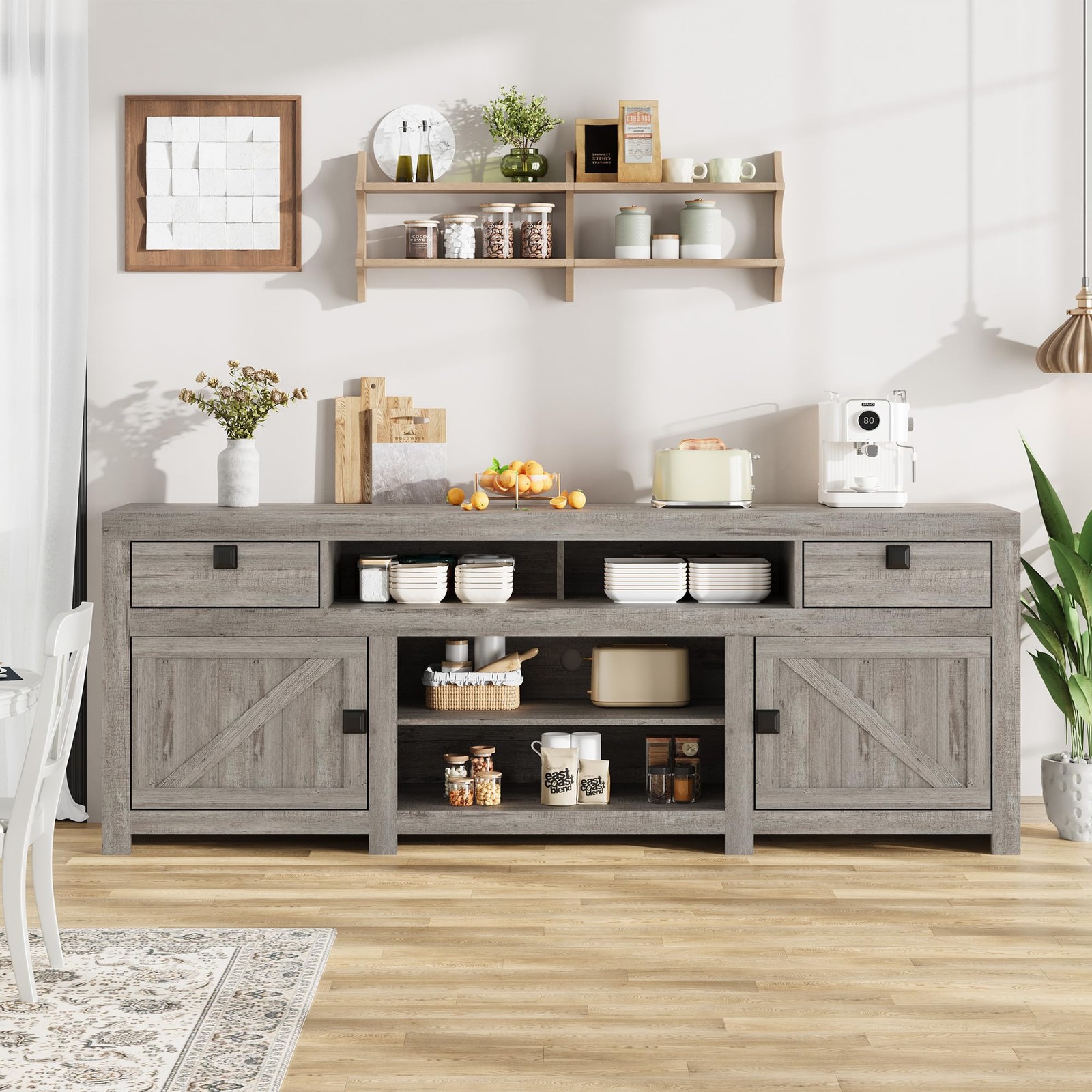 Farmhouse TV Stand for 80 in TVs, 70″ Wide Entertainment Center with 4 Drawers