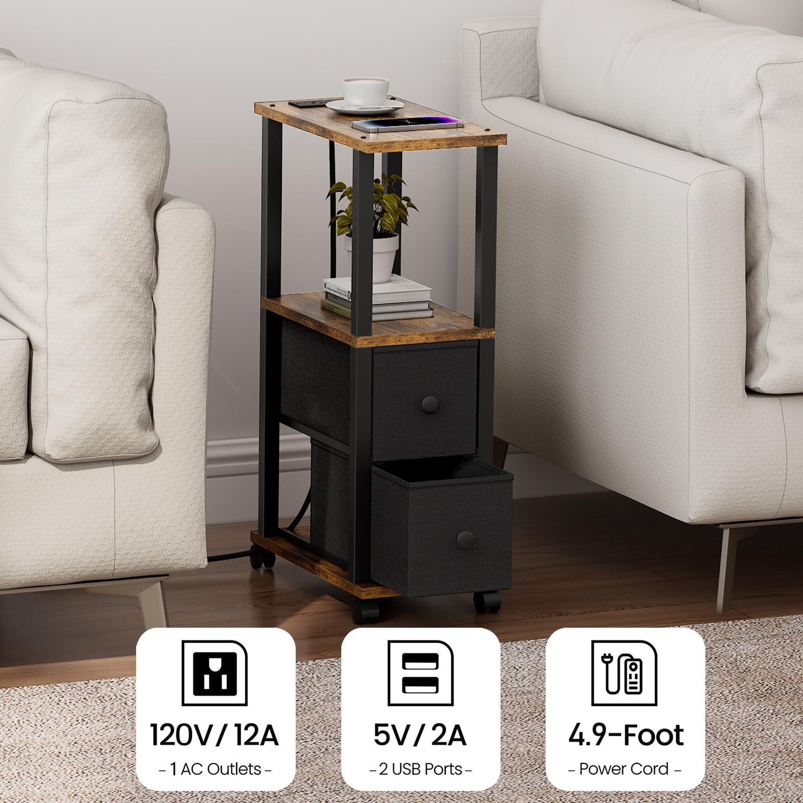 TUTOTAK Small Narrow End Tables, Side Tables 7.9″D x 15.8″W x 24.2″H, Brown
