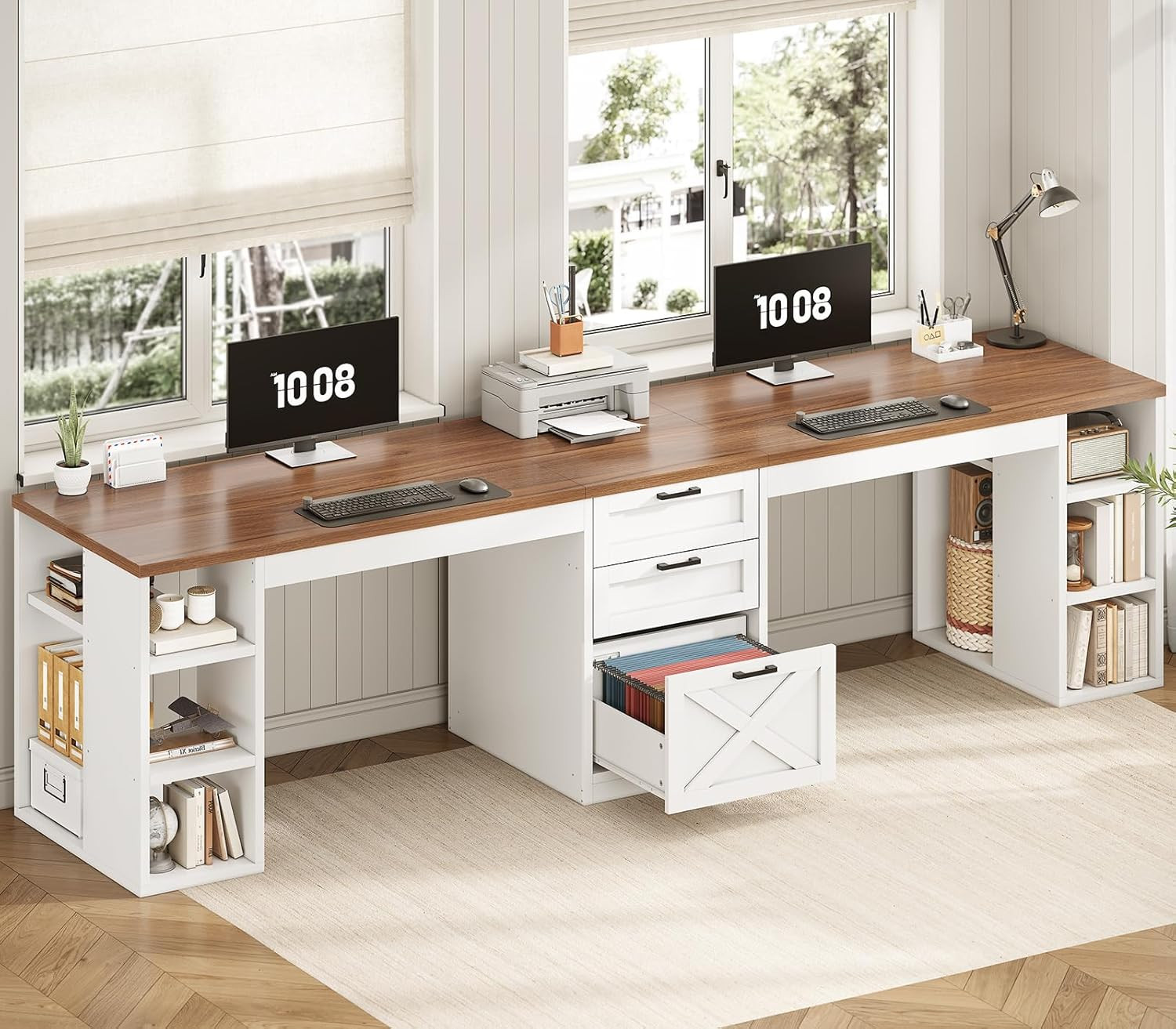 SEDETA Farmhouse 96.5″ Computer Desk with Drawers, 2 Person Home Office Desk, Ga