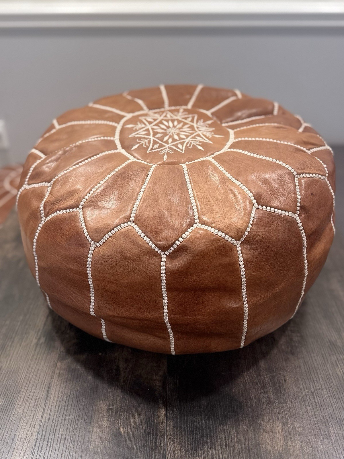 Moroccan Leather Pouf Cover Unstuffed, Boho Ottoman, Tan Brown