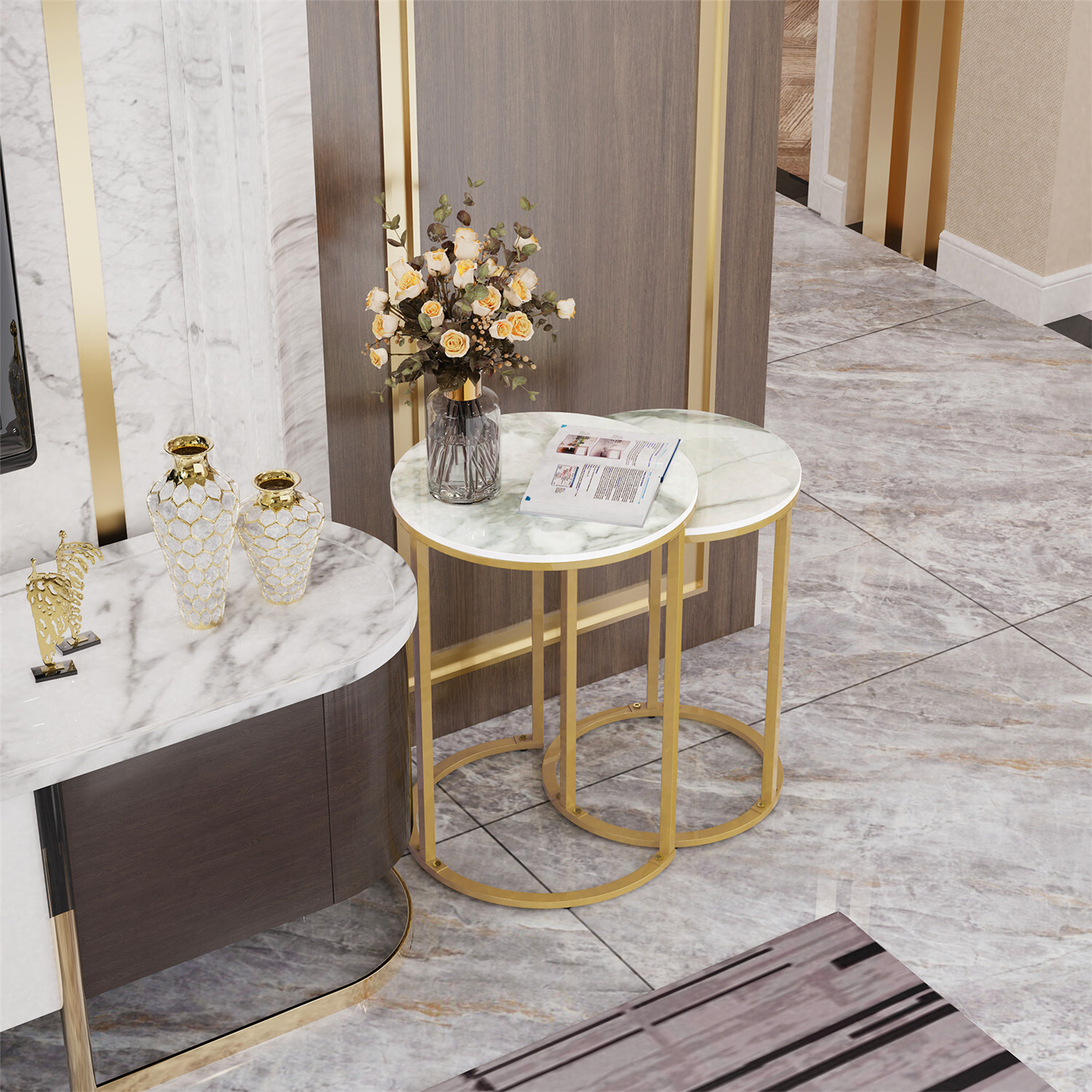 Sintered Stone Round Nesting End Table Set of 2 Sofa Side Table with Metal Frame