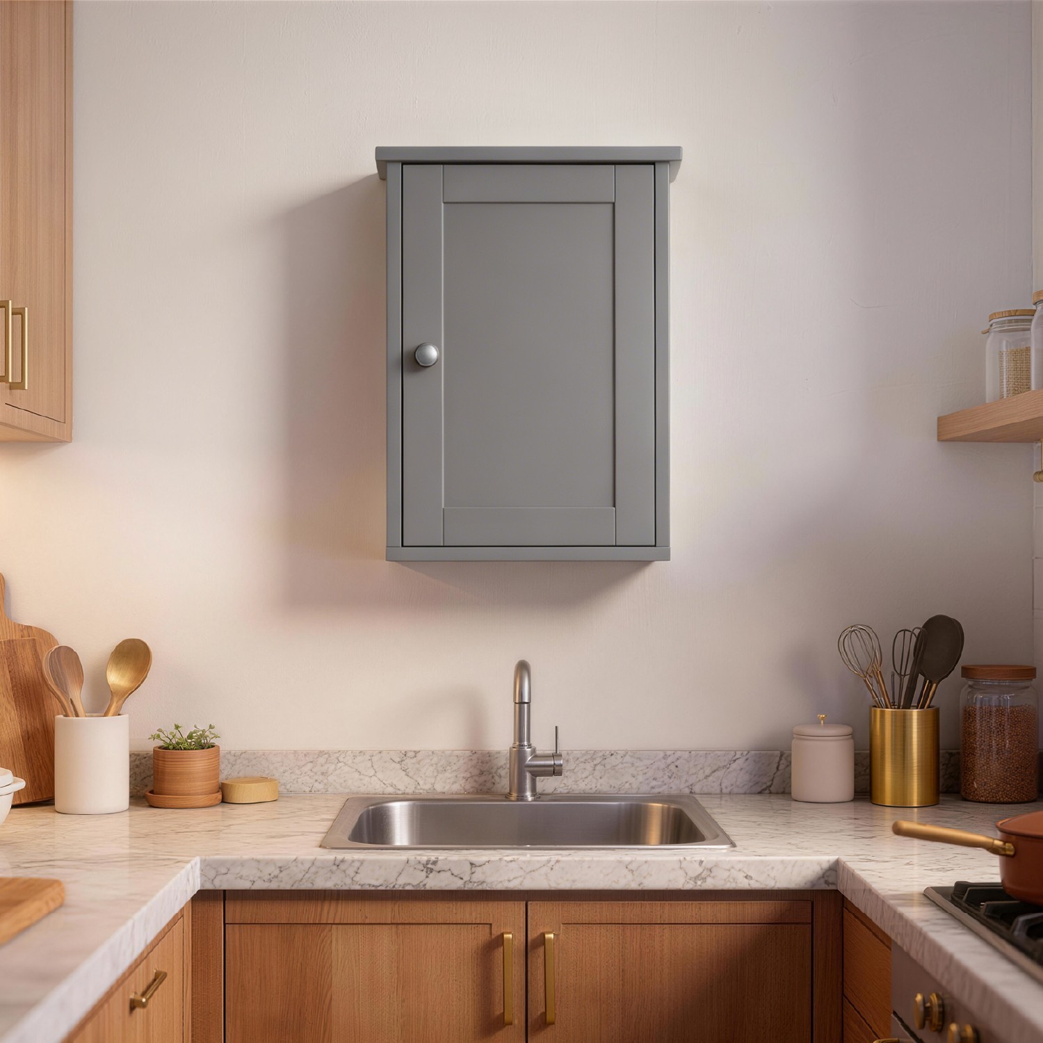 Gray P2 MDF Bathroom Vanity Wall Cabinet 34.6x20x50cm Single Door Shelf