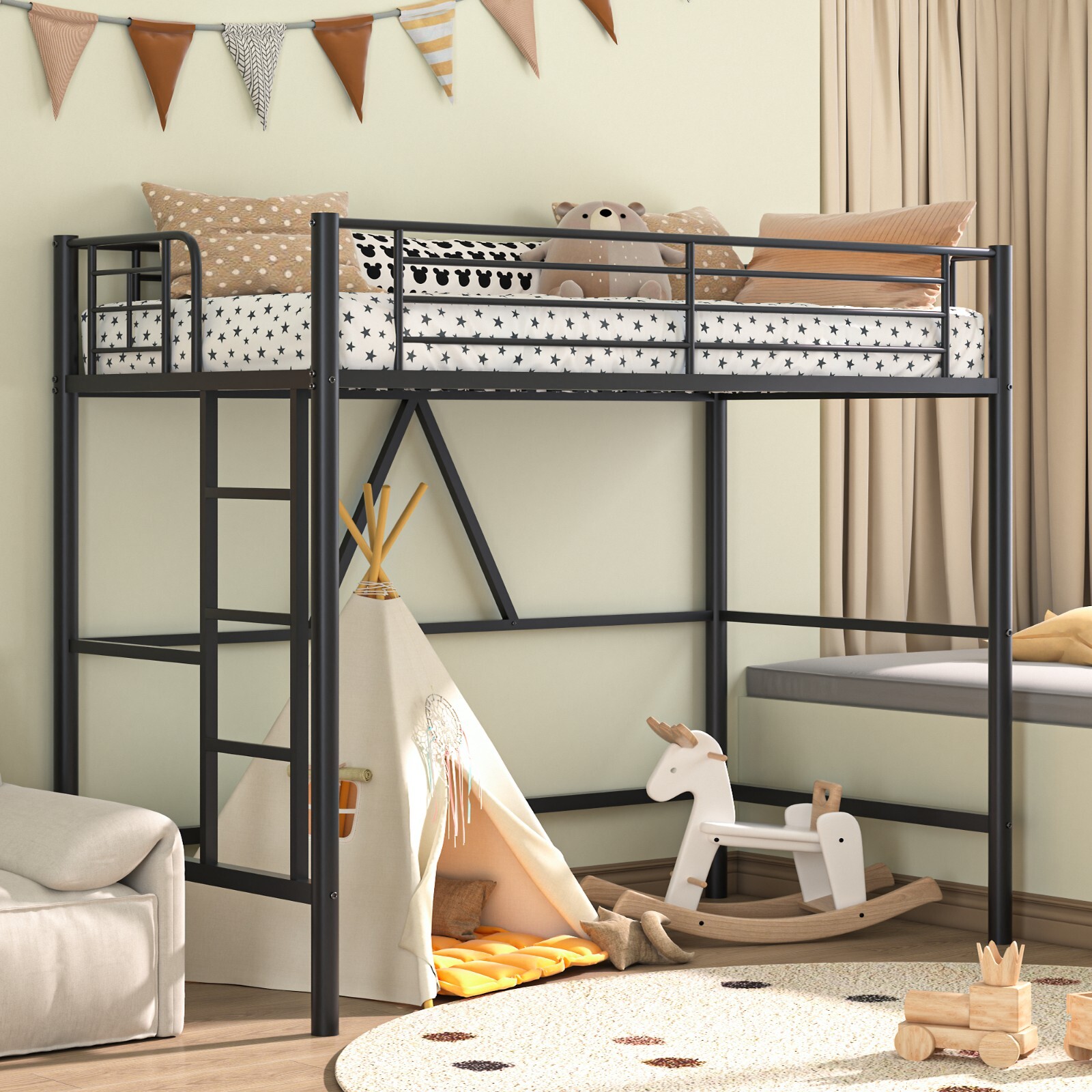 Twin Size Metal Loft Bed w/Removable Ladder and Safety Guardrail Easy Assembly