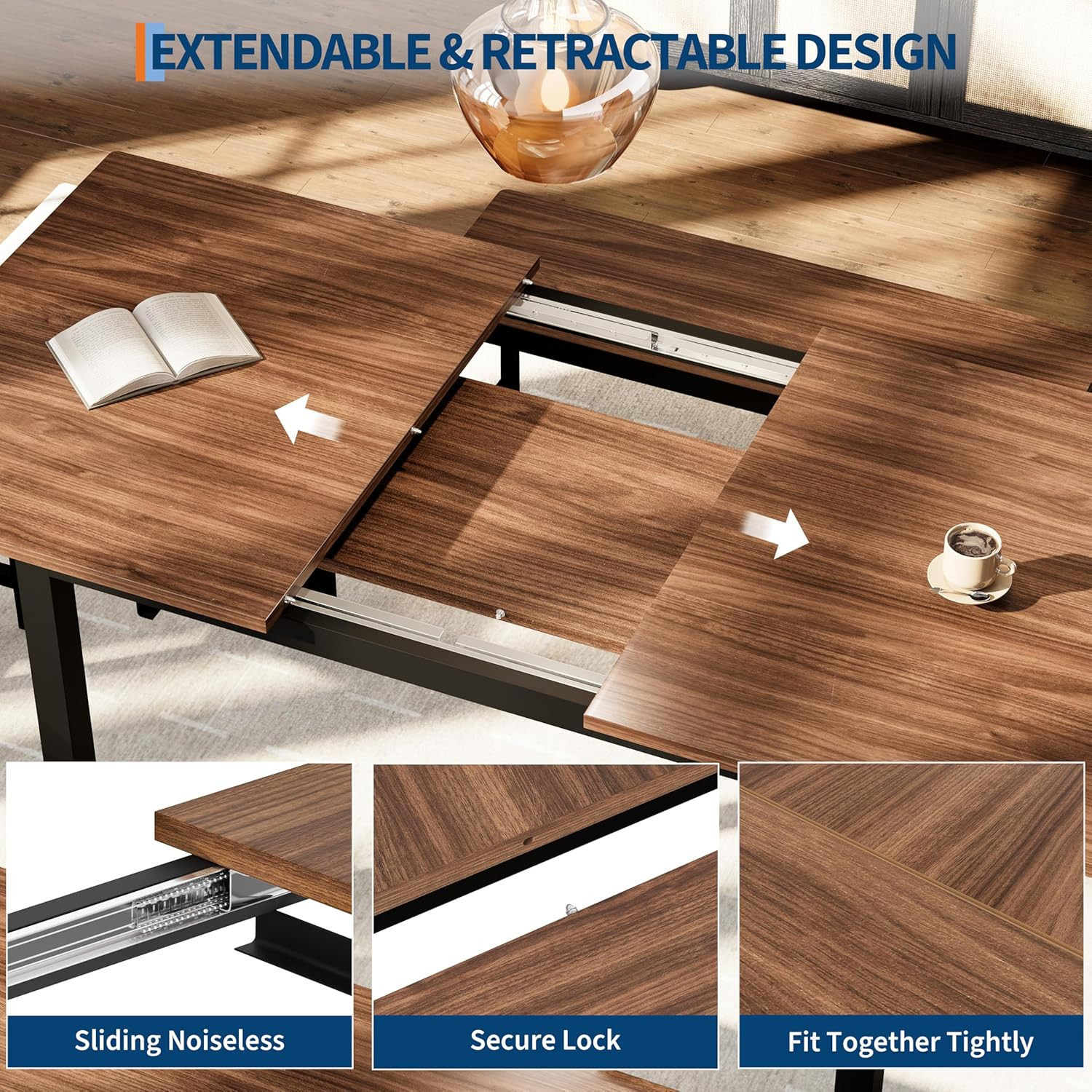 Extendable 5-Piece Dining Set for 4-8, Modern Space-Saving Furniture, Brown