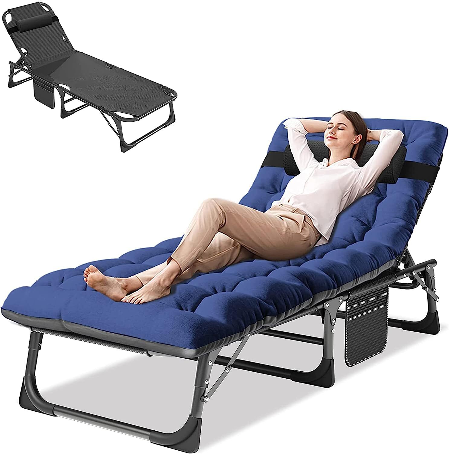 Outdoor Camping Cot 4 Position Adjustable Folding Bed Removable Mattress Pillow