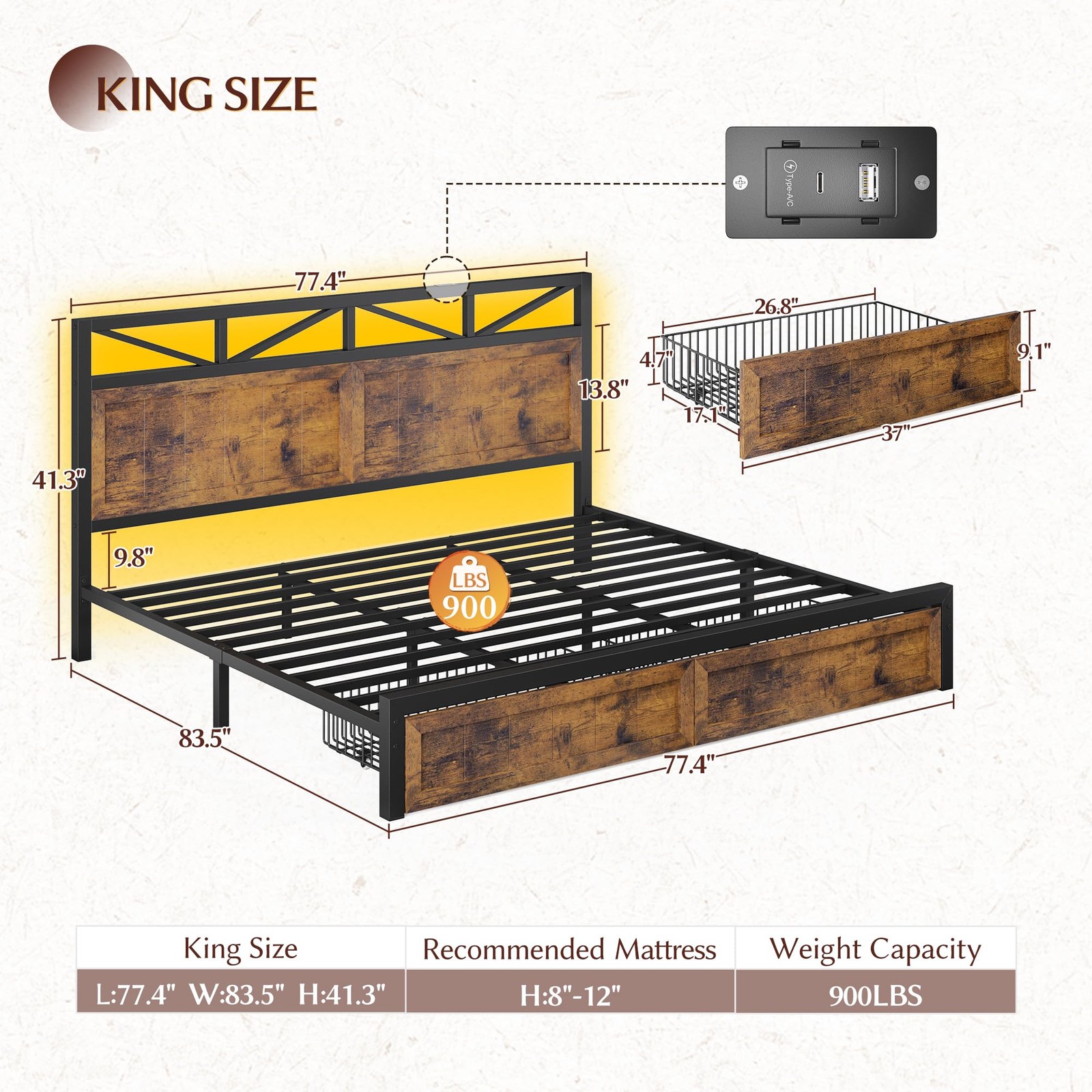 King Metal Bed Frame with Headboard LED Lights Charging Station 2 Drawers Brown