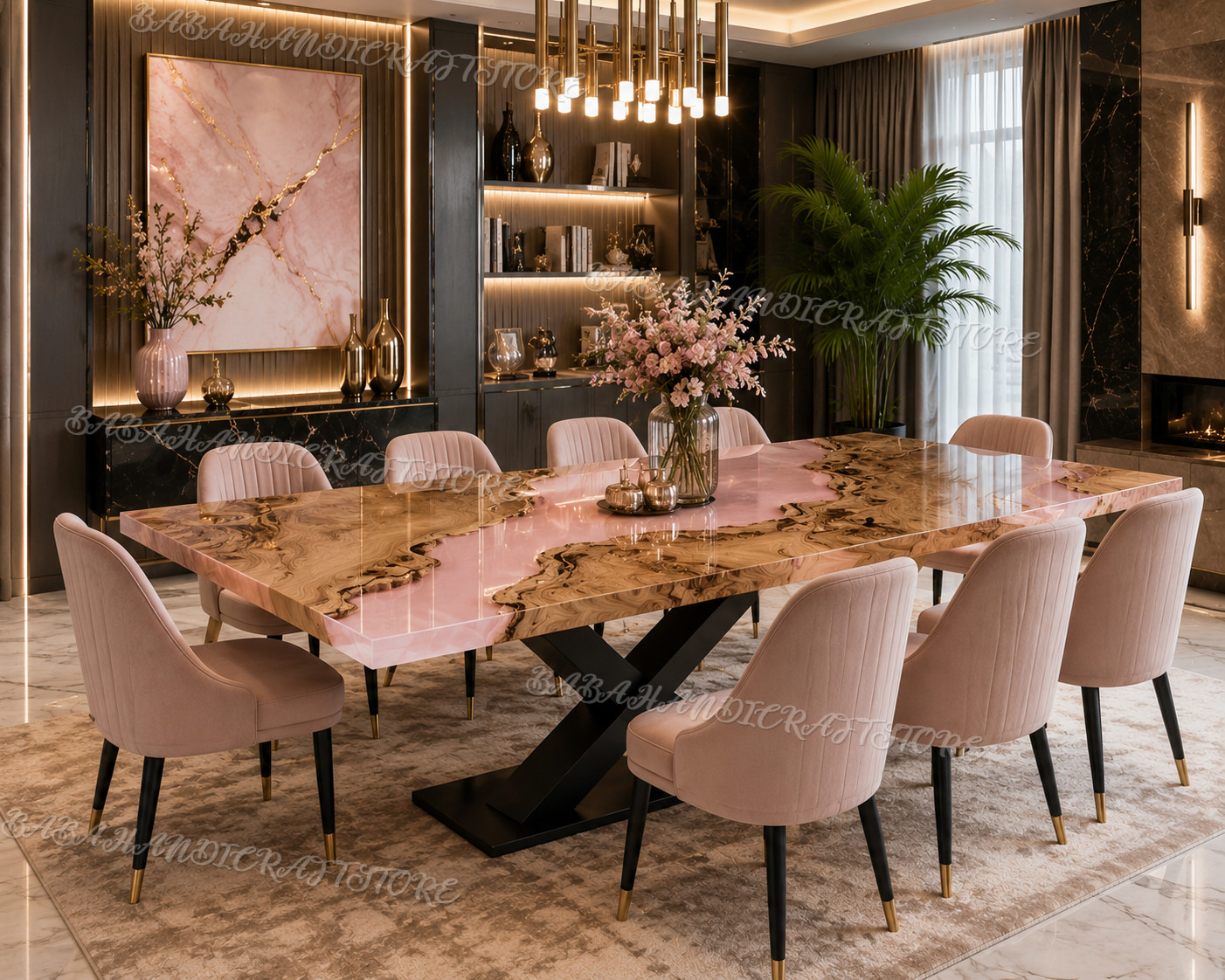 Luxury Pink Epoxy River Dining Table Live Edge Olive Burl Wood Conference