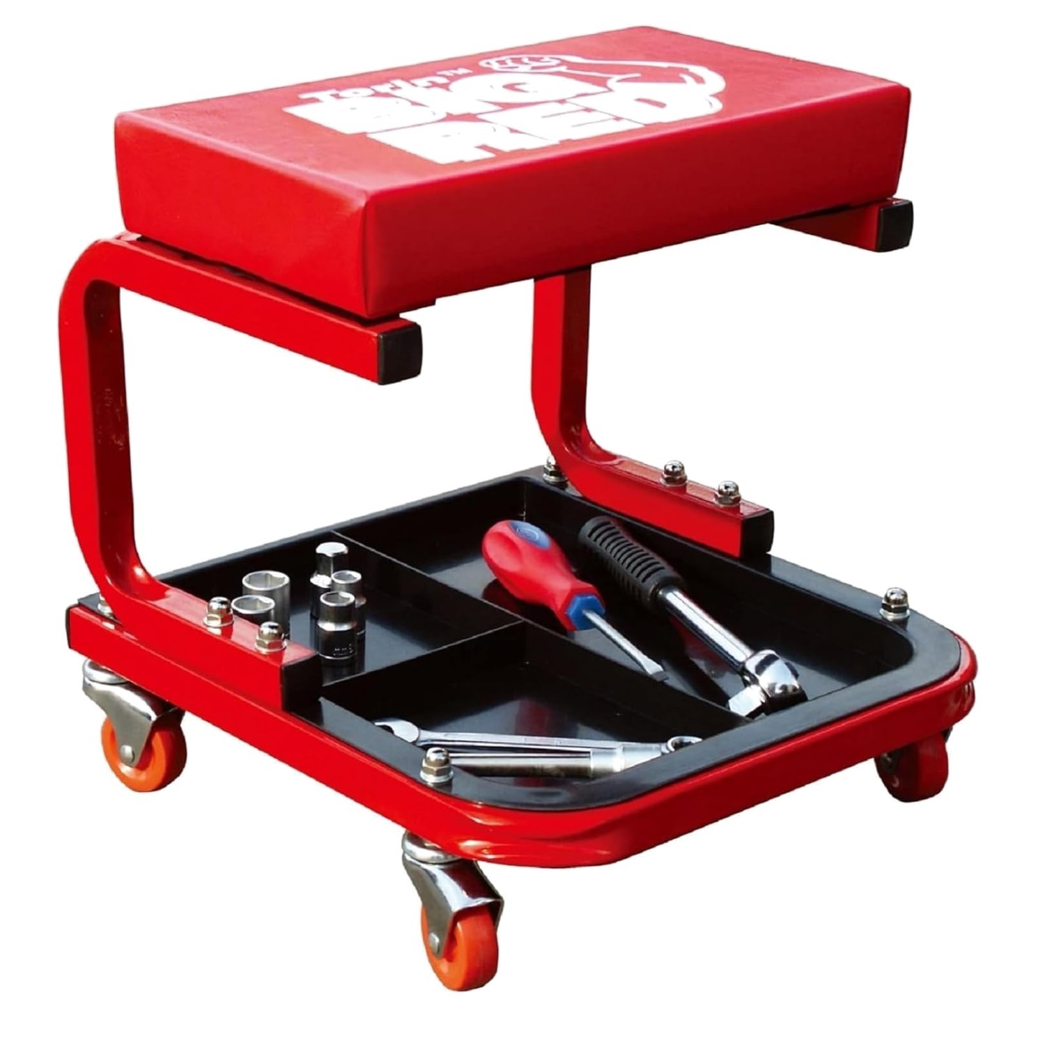 Comfortable Red Rolling Creeper Seat with Tool Tray – Supports 250 lbs Capacity